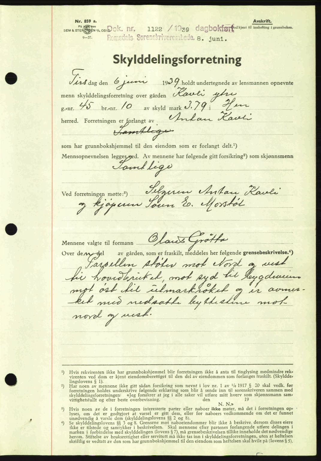 Romsdal sorenskriveri, AV/SAT-A-4149/1/2/2C: Pantebok nr. A7, 1939-1939, Dagboknr: 1122/1939