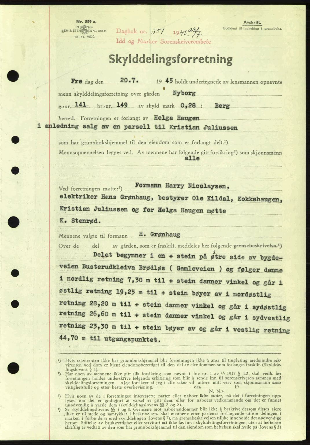 Idd og Marker sorenskriveri, AV/SAO-A-10283/G/Gb/Gbb/L0007: Pantebok nr. A7, 1944-1945, Dagboknr: 551/1945