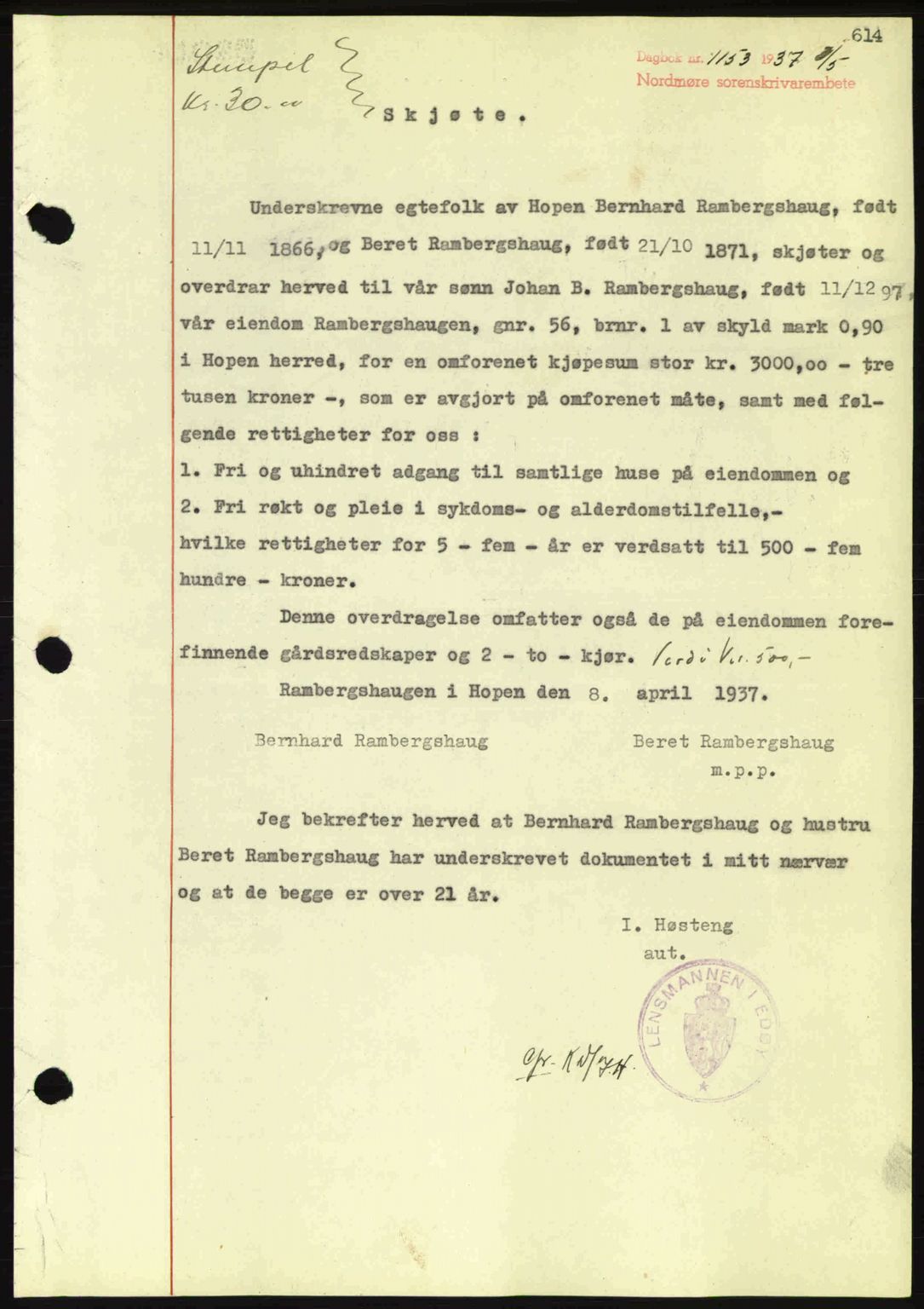 Nordmøre sorenskriveri, SAT/A-4132/1/2/2Ca: Pantebok nr. A81, 1937-1937, Dagboknr: 1153/1937