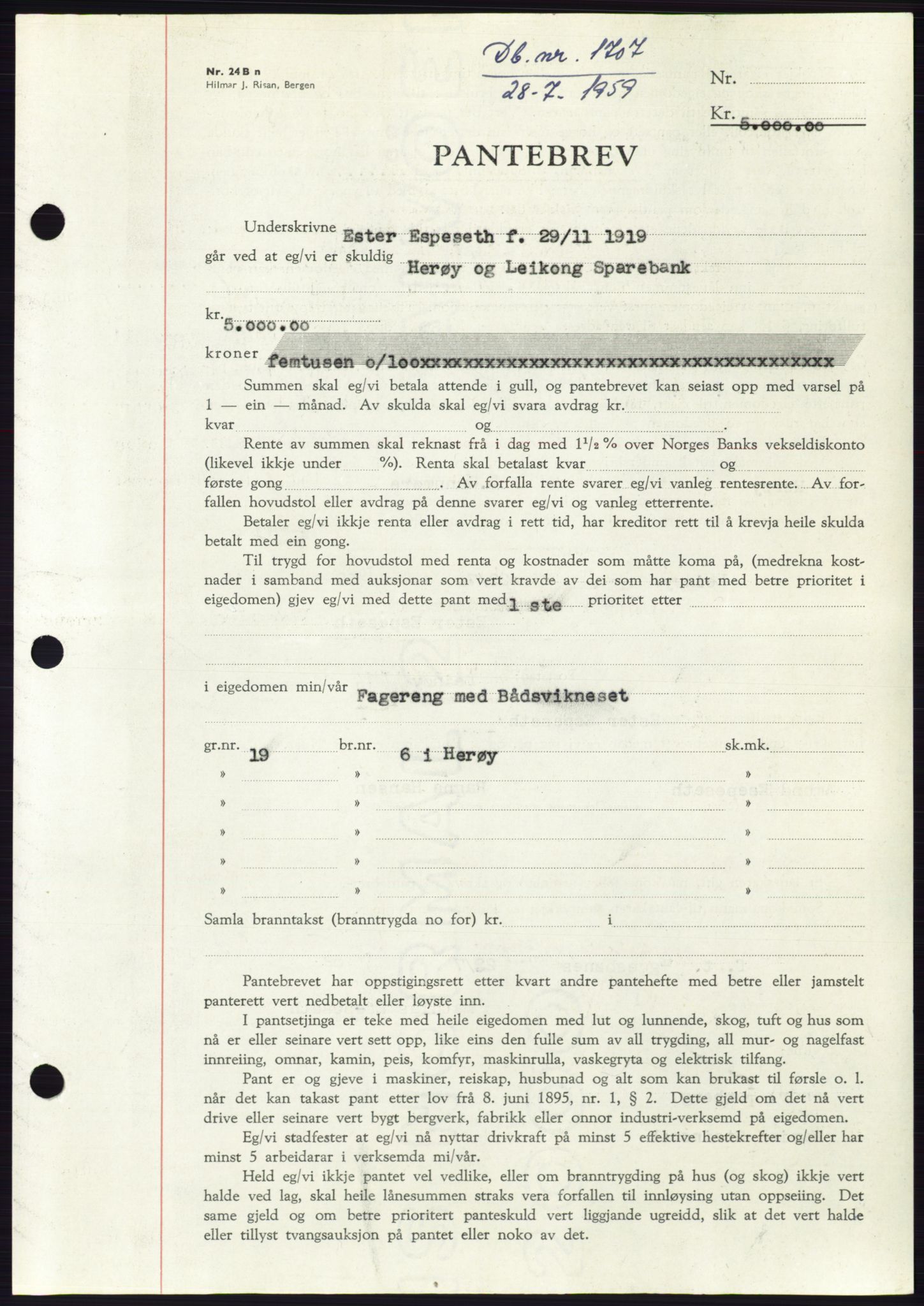 Søre Sunnmøre sorenskriveri, SAT/A-4122/1/2/2C/L0133: Pantebok nr. 21B, 1959-1959, Dagboknr: 1707/1959