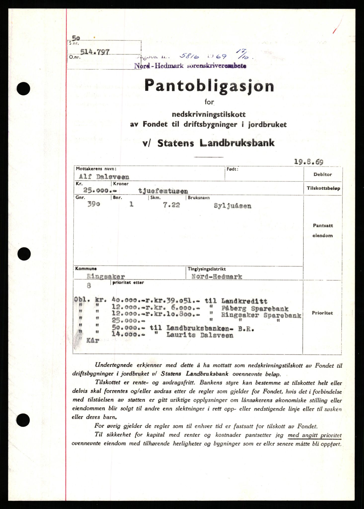 Nord-Hedmark sorenskriveri, SAH/TING-012/H/Hb/Hbf/L0081: Pantebok nr. B81, 1969-1969, Dagboknr: 5816/1969