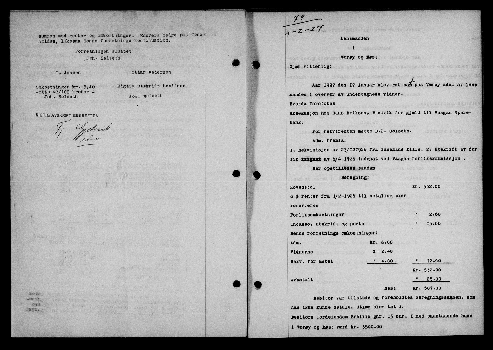 Lofoten sorenskriveri, AV/SAT-A-0017/1/2/2C/L0015b: Pantebok nr. 15b, 1927-1927, Tingl.dato: 01.02.1927