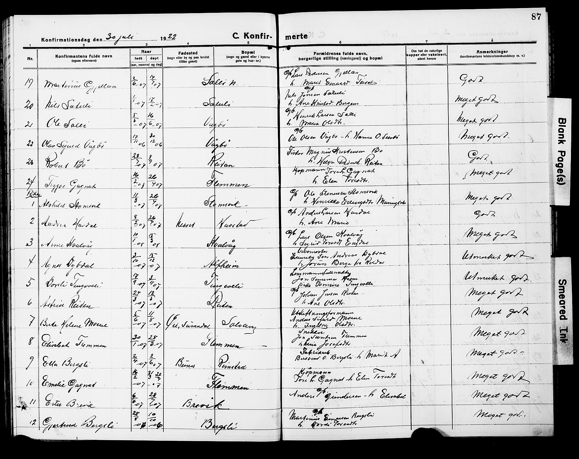 Ministerialprotokoller, klokkerbøker og fødselsregistre - Møre og Romsdal, AV/SAT-A-1454/586/L0994: Klokkerbok nr. 586C05, 1919-1927, s. 87