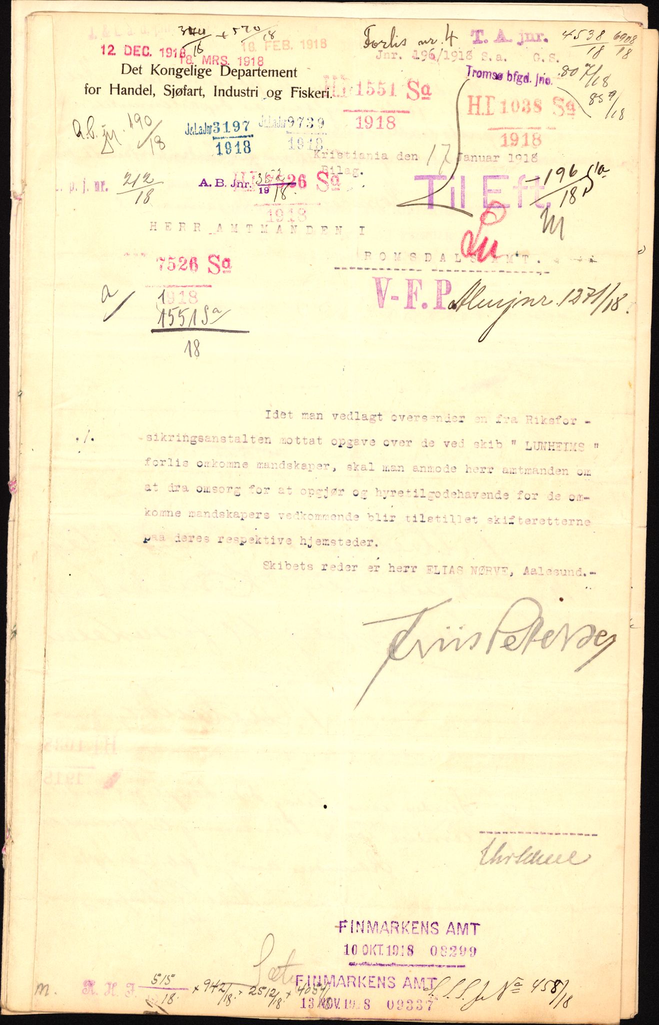 Handelsdepartementet, Sjøfartsavdelingen, 1. sjømannskontor, AV/RA-S-1405/D/Dm/L0010: Forliste skip Lar - Min, 1906-1920, s. 446