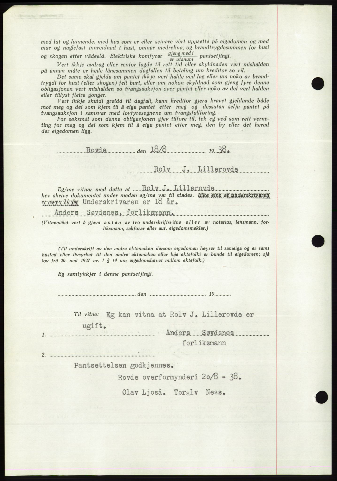 Søre Sunnmøre sorenskriveri, AV/SAT-A-4122/1/2/2C/L0066: Pantebok nr. 60, 1938-1938, Dagboknr: 1160/1938