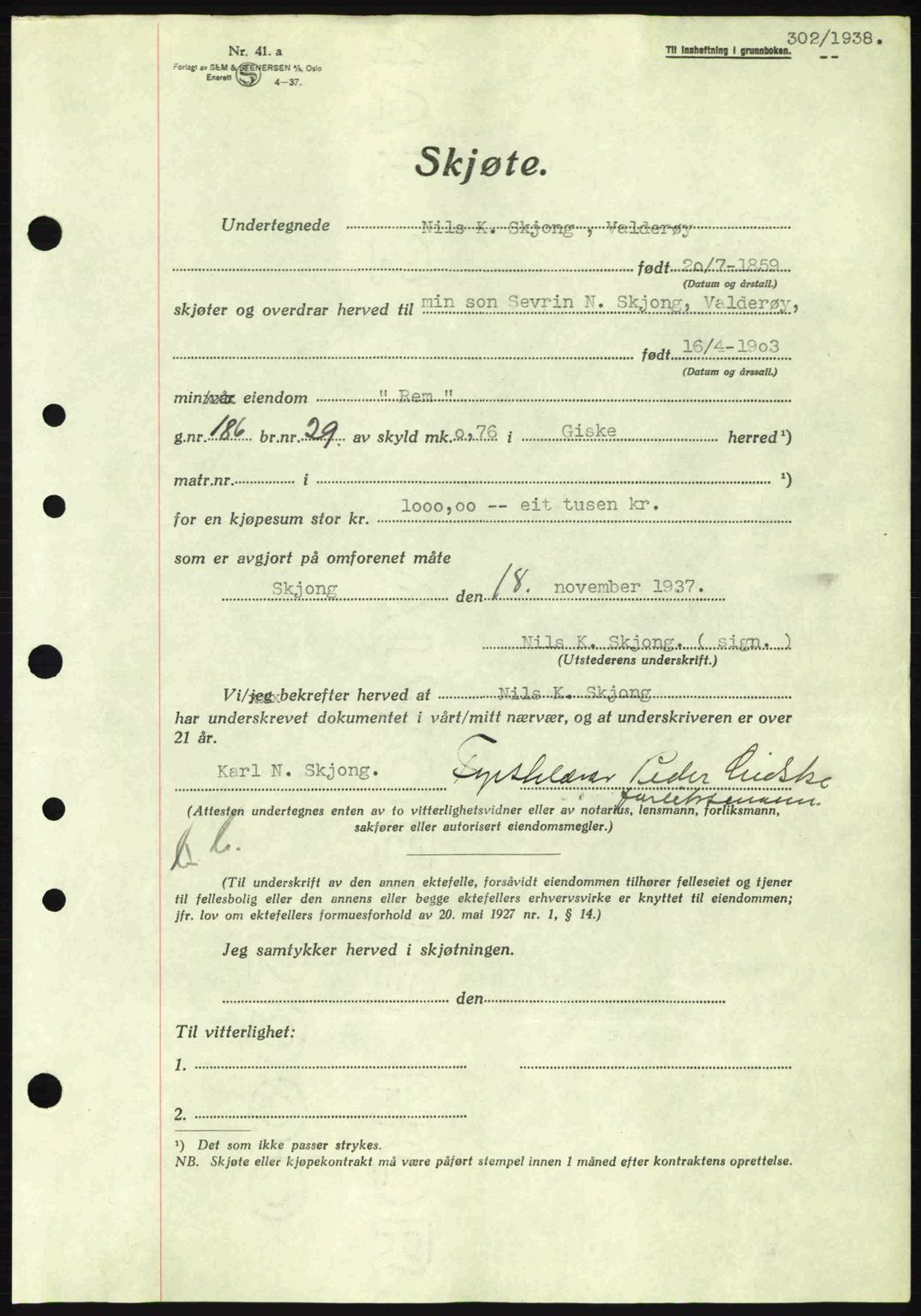 Nordre Sunnmøre sorenskriveri, AV/SAT-A-0006/1/2/2C/2Ca: Pantebok nr. A4, 1937-1938, Dagboknr: 302/1938