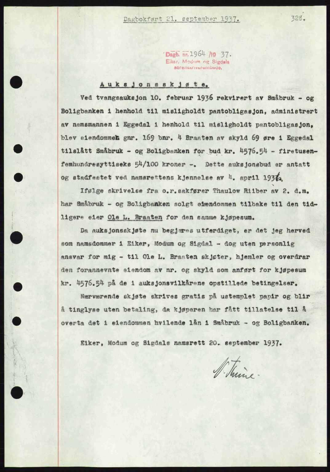 Eiker, Modum og Sigdal sorenskriveri, SAKO/A-123/G/Ga/Gab/L0036: Pantebok nr. A6, 1937-1937, Dagboknr: 1964/1937