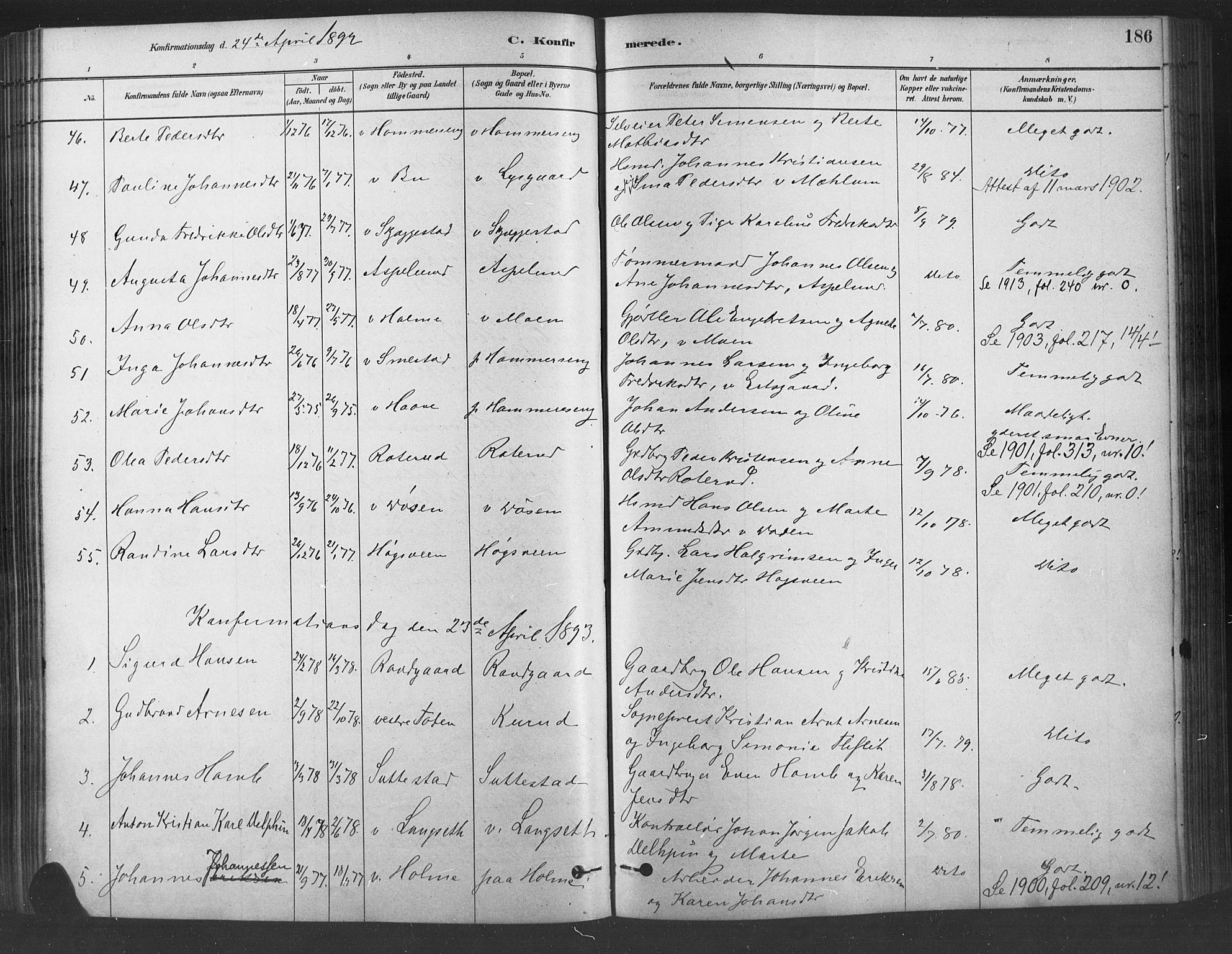 Fåberg prestekontor, AV/SAH-PREST-086/H/Ha/Haa/L0009: Ministerialbok nr. 9, 1879-1898, s. 186