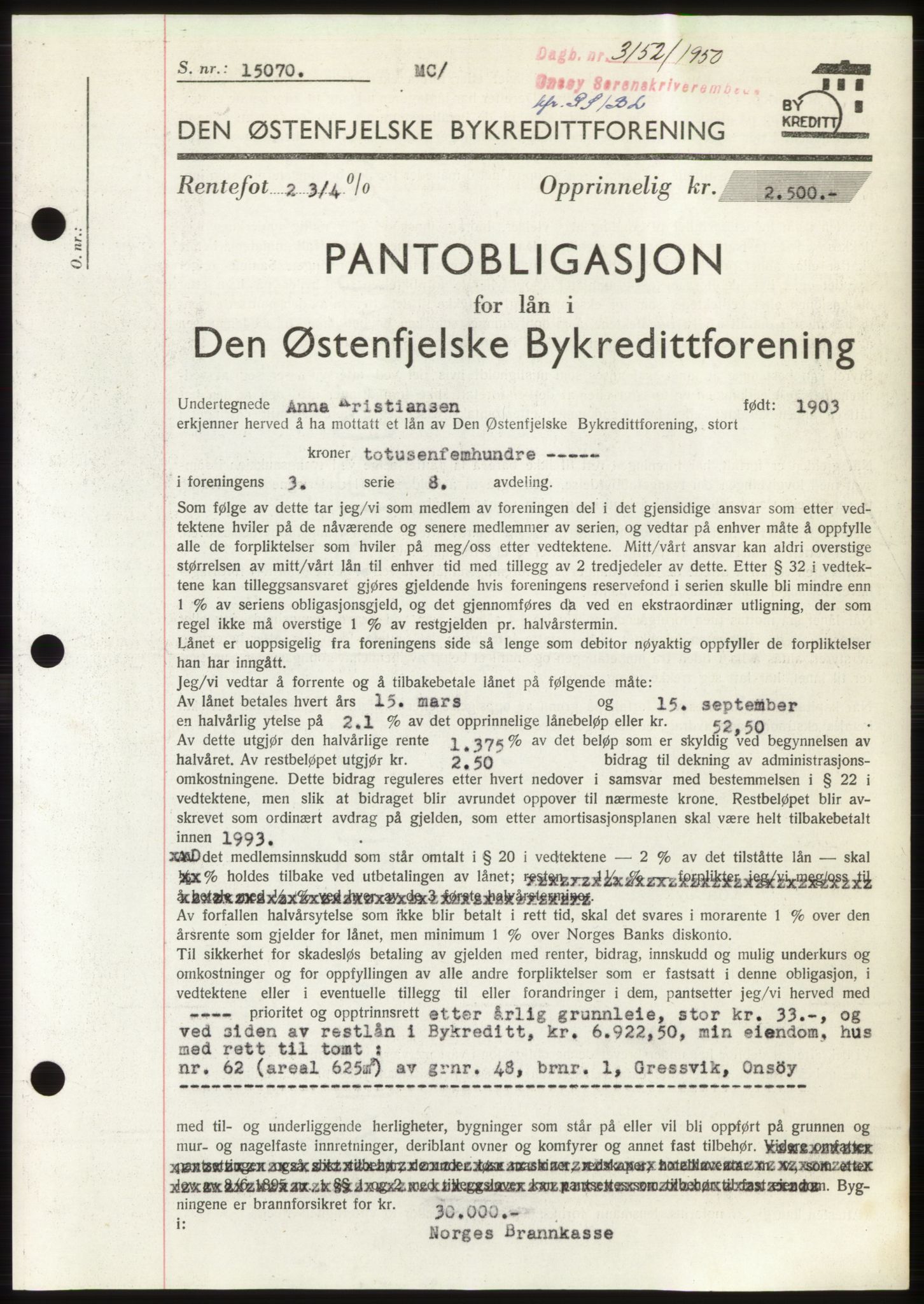 Onsøy sorenskriveri, SAO/A-10474/G/Ga/Gac/L0010: Pantebok nr. B 18-10, 1950-1950, Dagboknr: 3152/1950
