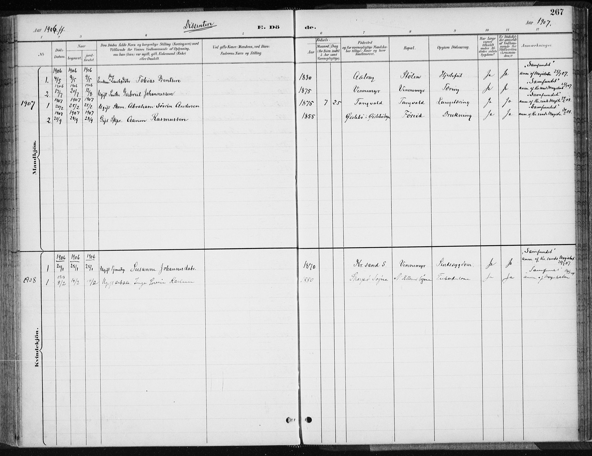 Søgne sokneprestkontor, AV/SAK-1111-0037/F/Fa/Fab/L0013: Ministerialbok nr. A 13, 1892-1911, s. 267