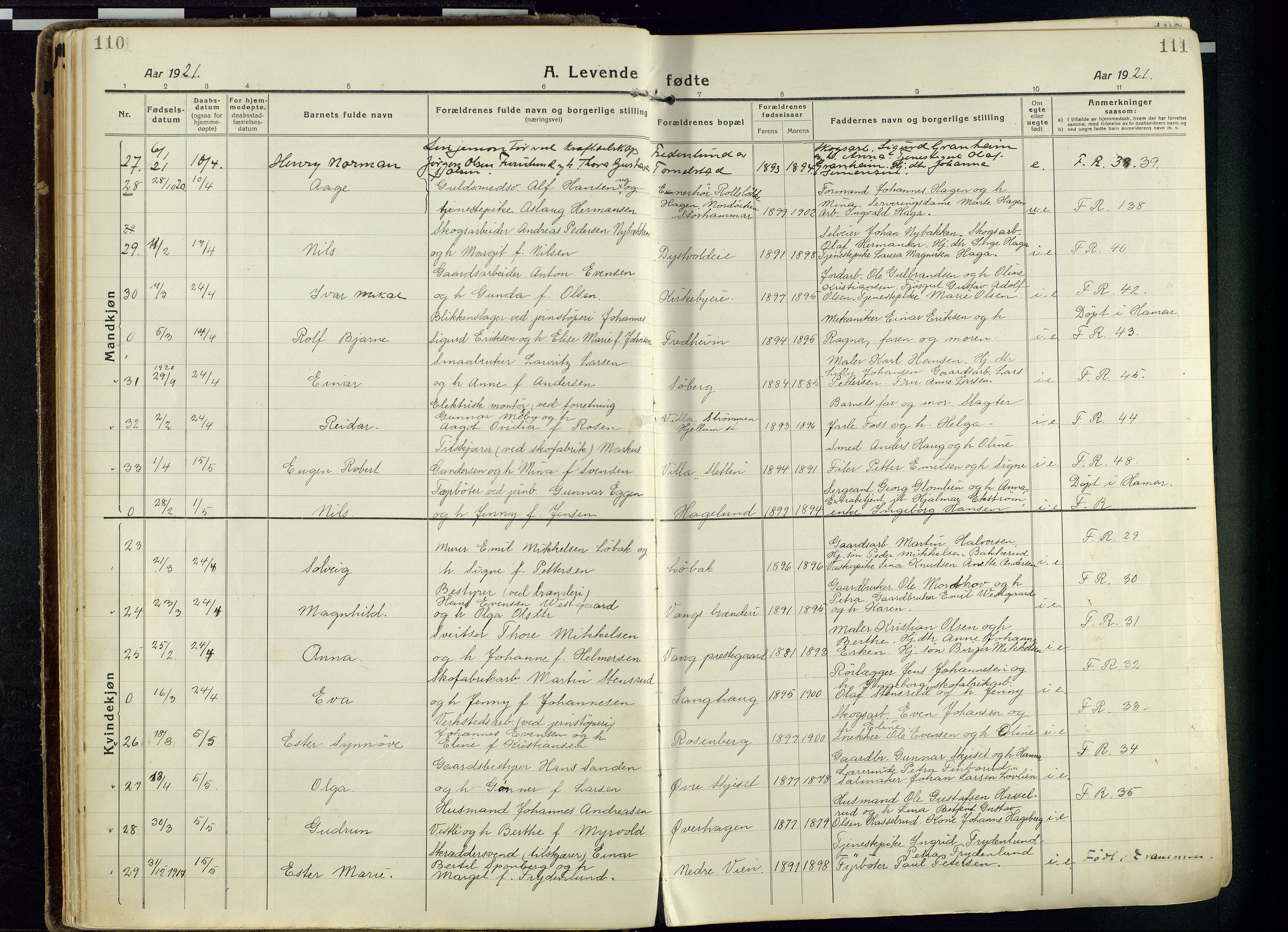 Vang prestekontor, Hedmark, AV/SAH-PREST-008/H/Ha/Haa/L0022: Ministerialbok nr. 22, 1918-1944, s. 110-111