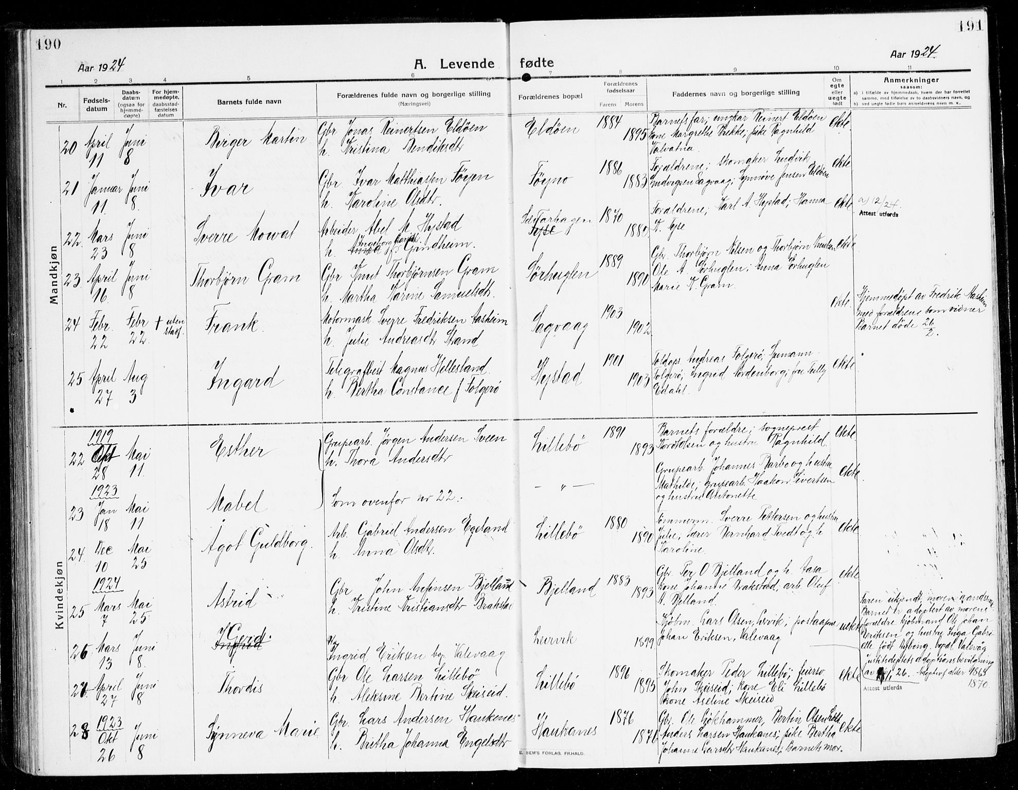 Stord sokneprestembete, AV/SAB-A-78201/H/Haa: Ministerialbok nr. B 3, 1913-1925, s. 190-191