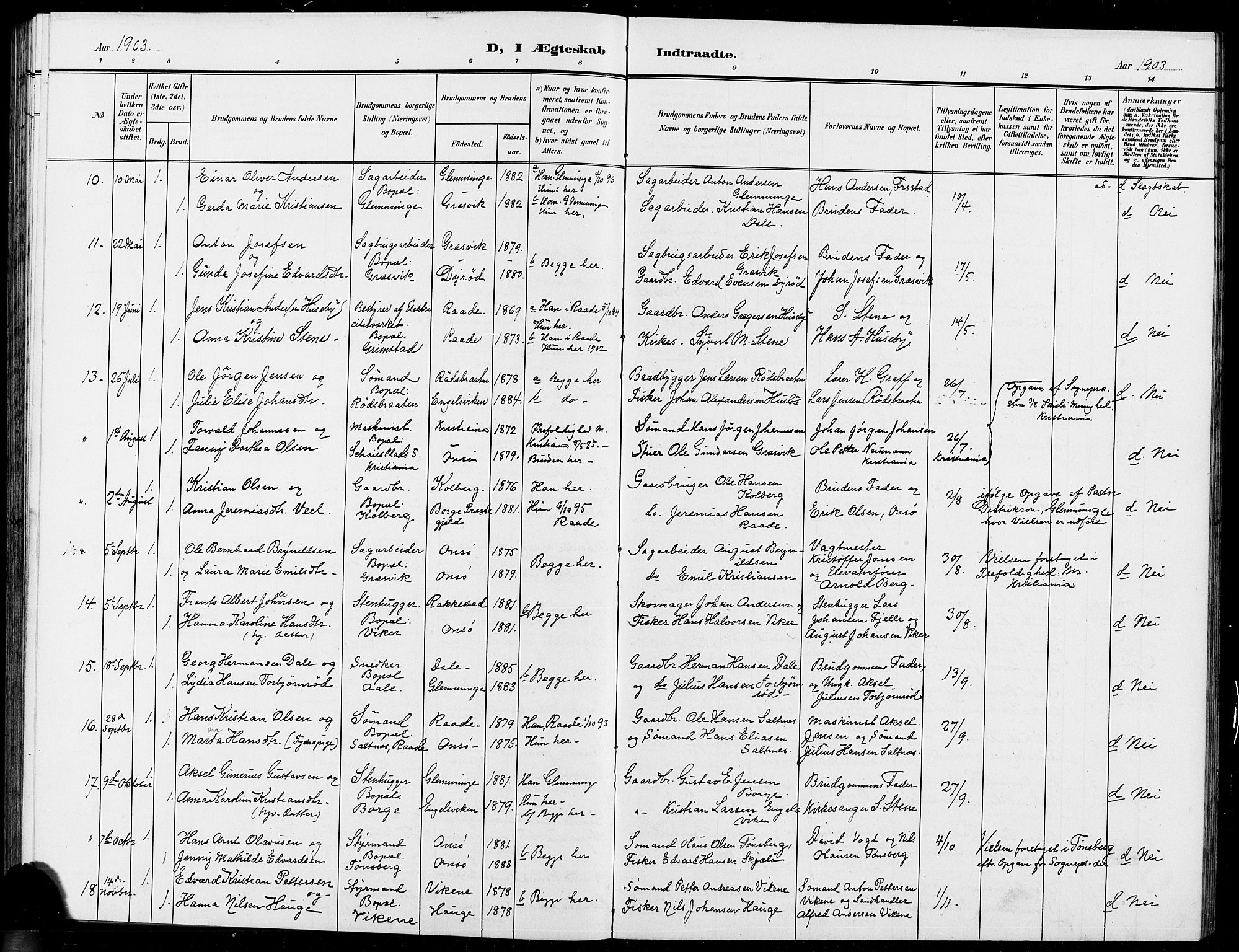 Onsøy prestekontor Kirkebøker, AV/SAO-A-10914/G/Ga/L0002: Klokkerbok nr. I 2, 1903-1909