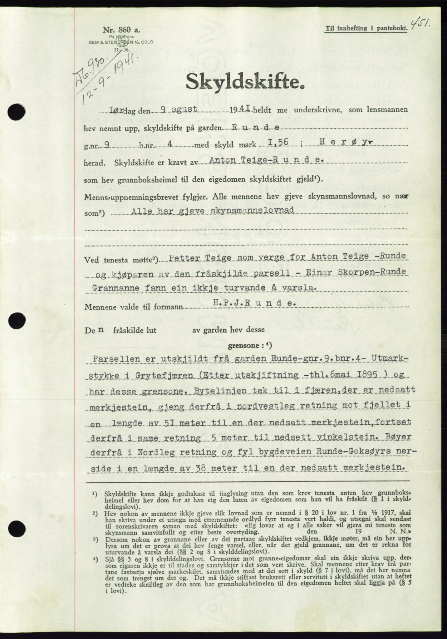 Søre Sunnmøre sorenskriveri, AV/SAT-A-4122/1/2/2C/L0071: Pantebok nr. 65, 1941-1941, Dagboknr: 930/1941