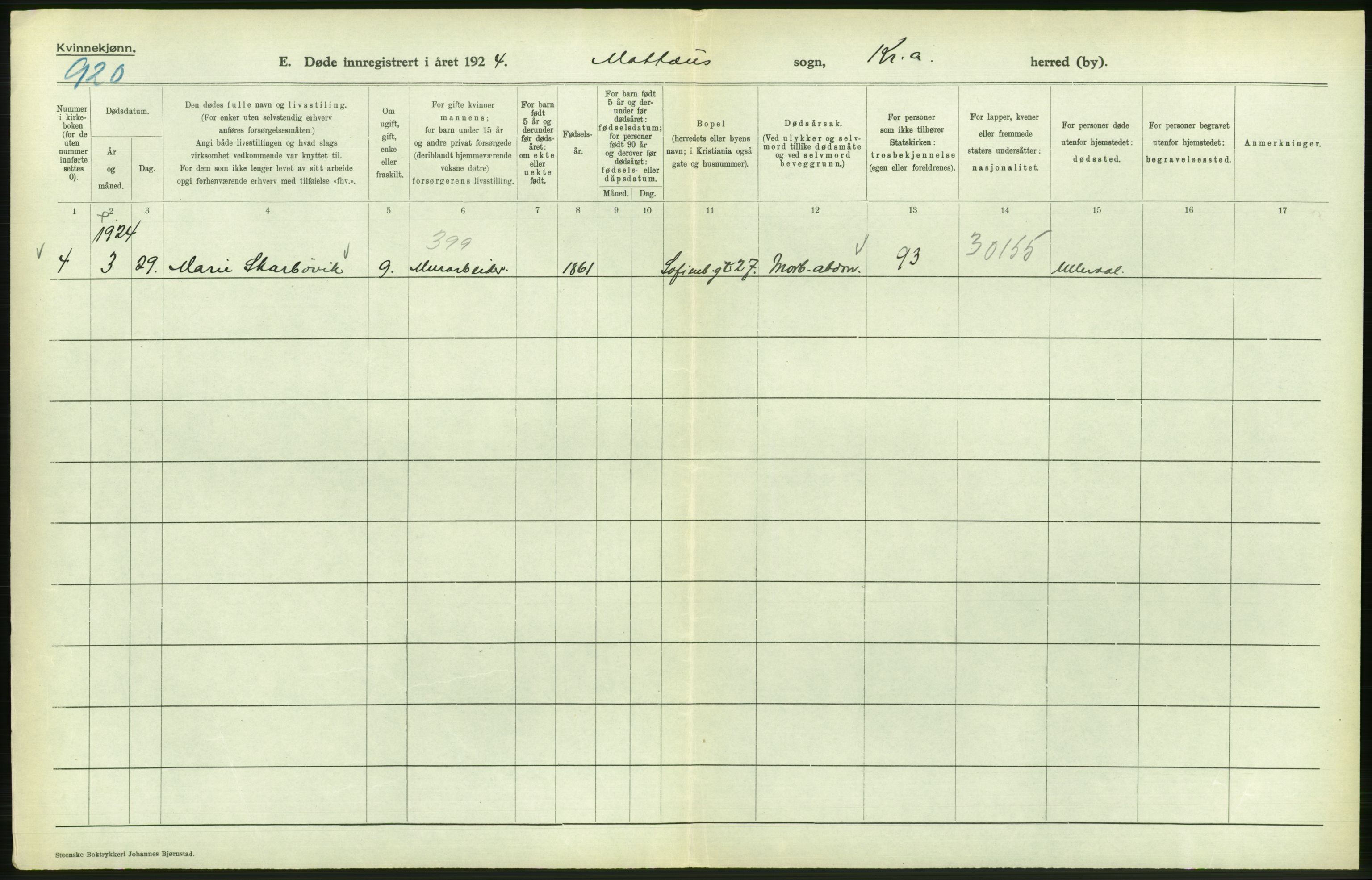 Statistisk sentralbyrå, Sosiodemografiske emner, Befolkning, AV/RA-S-2228/D/Df/Dfc/Dfcd/L0009: Kristiania: Døde kvinner, dødfødte, 1924, s. 520