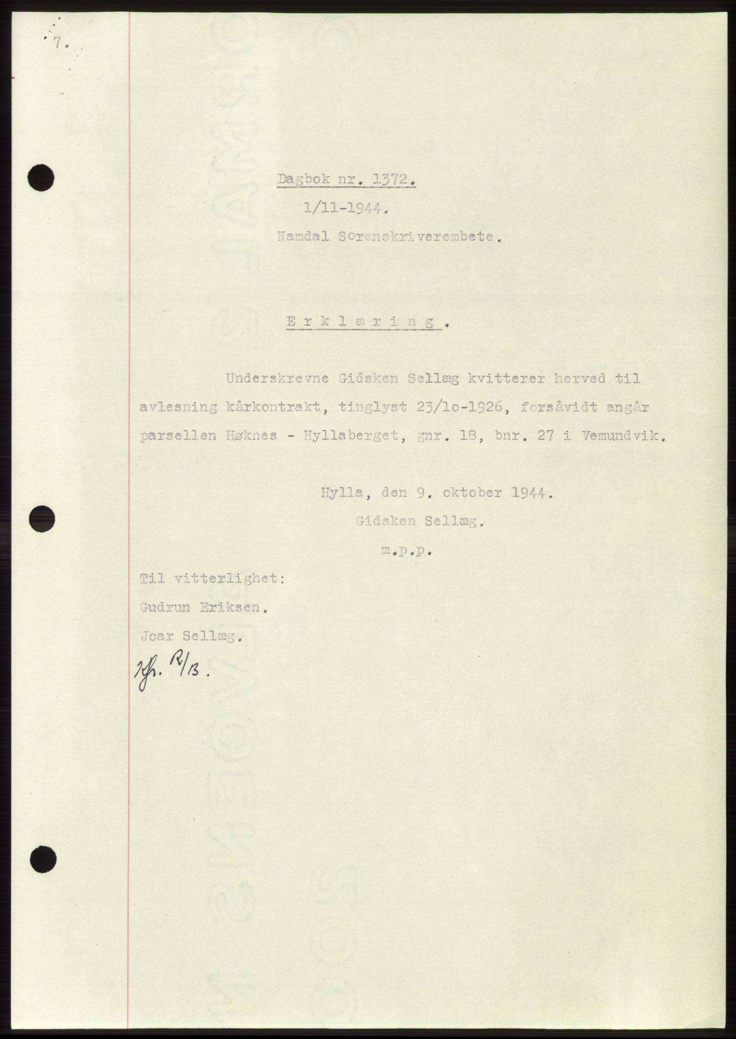 Namdal sorenskriveri, SAT/A-4133/1/2/2C: Pantebok nr. -, 1944-1945, Dagboknr: 1372/1944