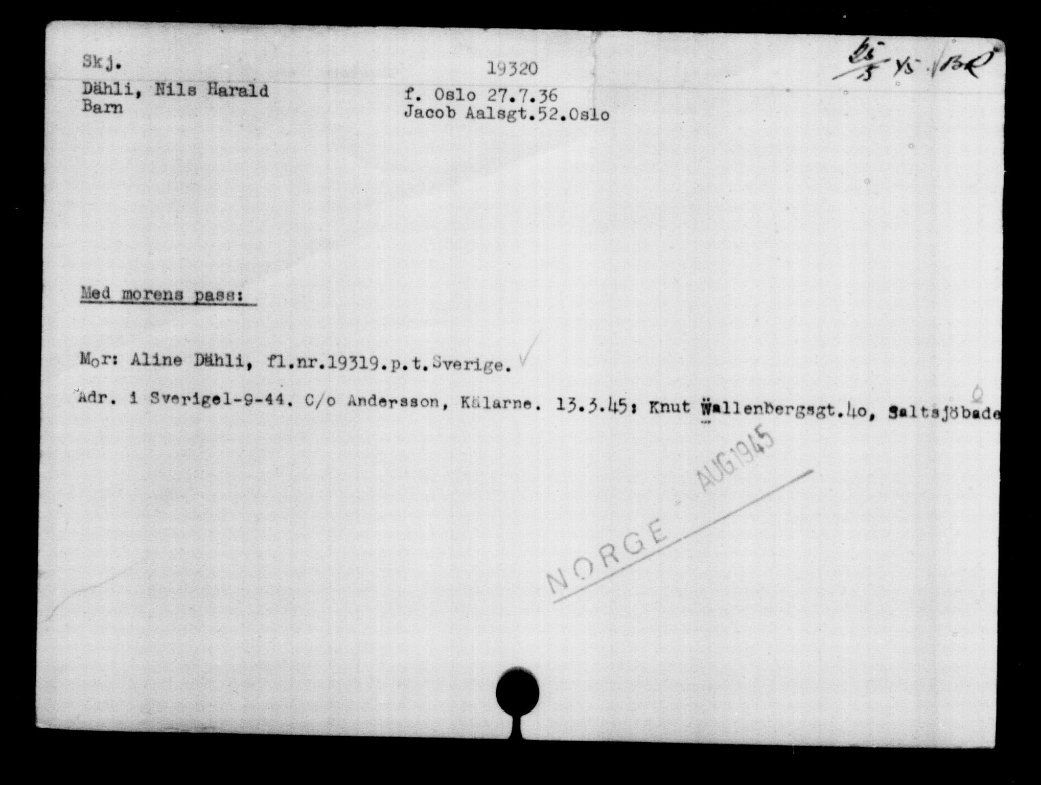 Utenriksstasjonene, Legasjonen i Stockholm, Flyktningkontoret, AV/RA-S-6753/V/Va/L0009: Kjesäterkartoteket, flyktninger med registreringsnr. 18502-22048, 1940-1945, s. 960