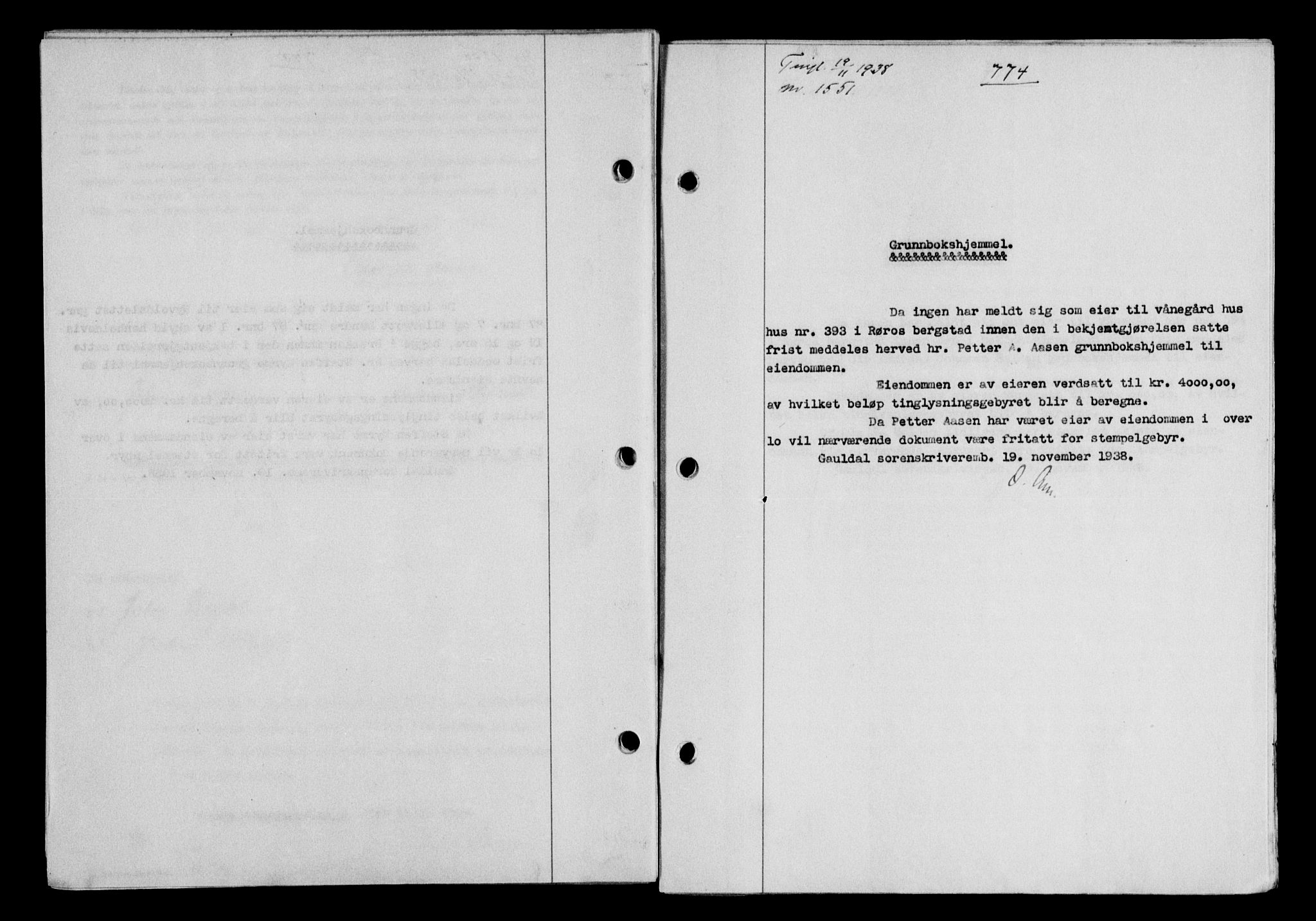 Gauldal sorenskriveri, SAT/A-0014/1/2/2C/L0049: Pantebok nr. 53, 1938-1938, Dagboknr: 1551/1938