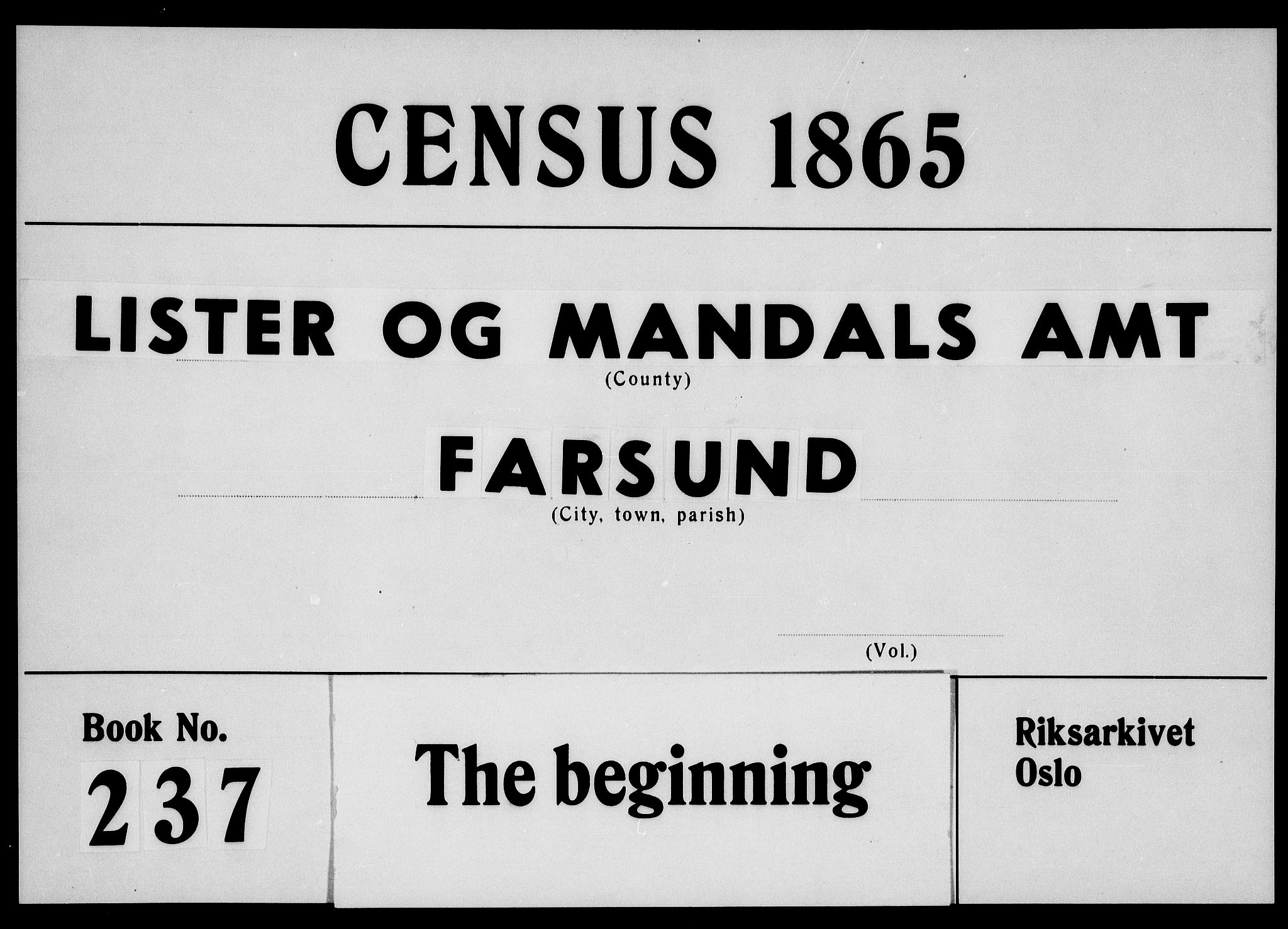 RA, Folketelling 1865 for 1003B Vanse prestegjeld, Farsund ladested, 1865, s. 1