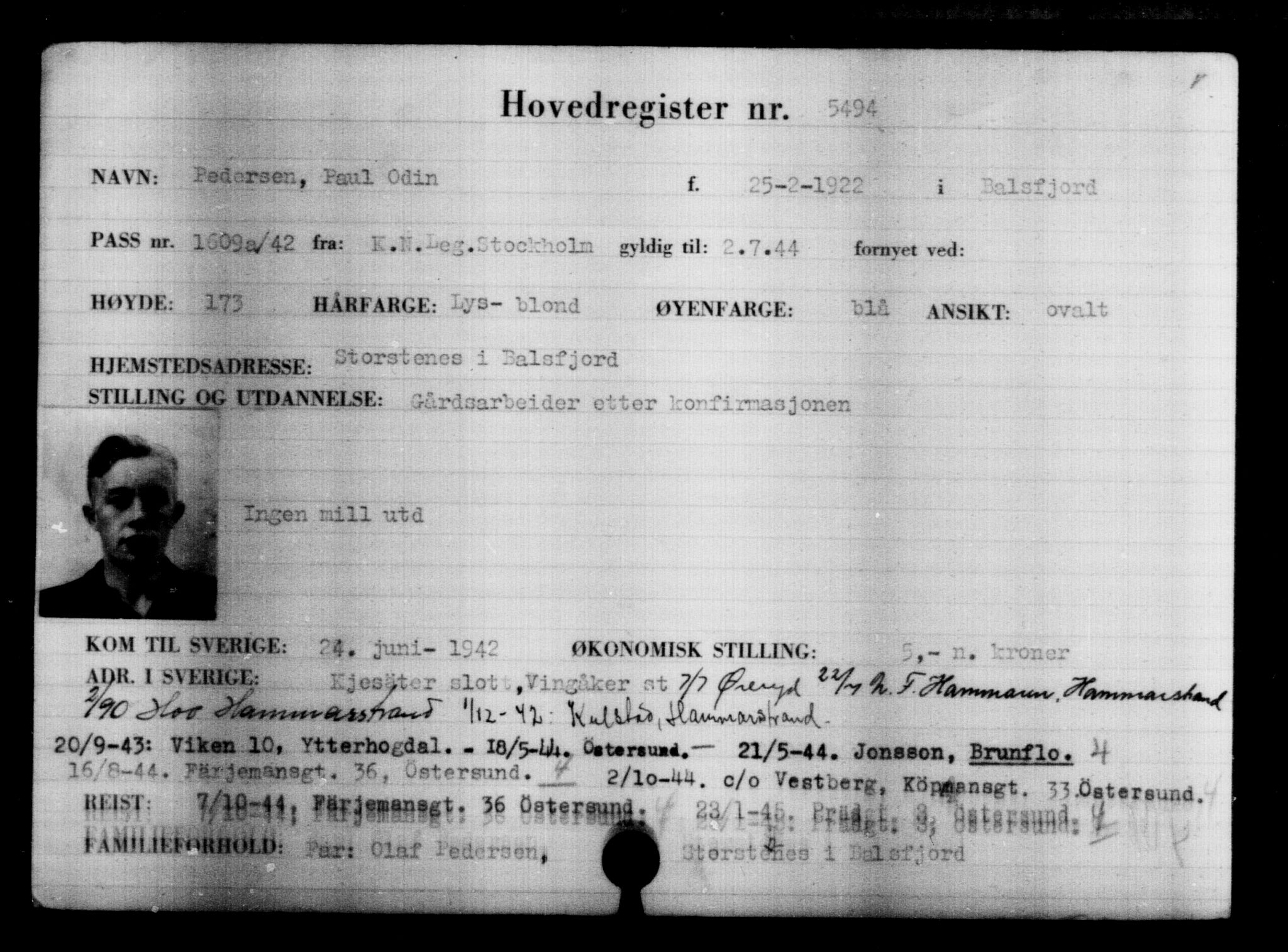 Utenriksstasjonene, Legasjonen i Stockholm, Flyktningkontoret, AV/RA-S-6753/V/Va/L0004: Kjesäterkartoteket, flyktninger med registreringsnr. 3496-6610, 1940-1945, s. 2313