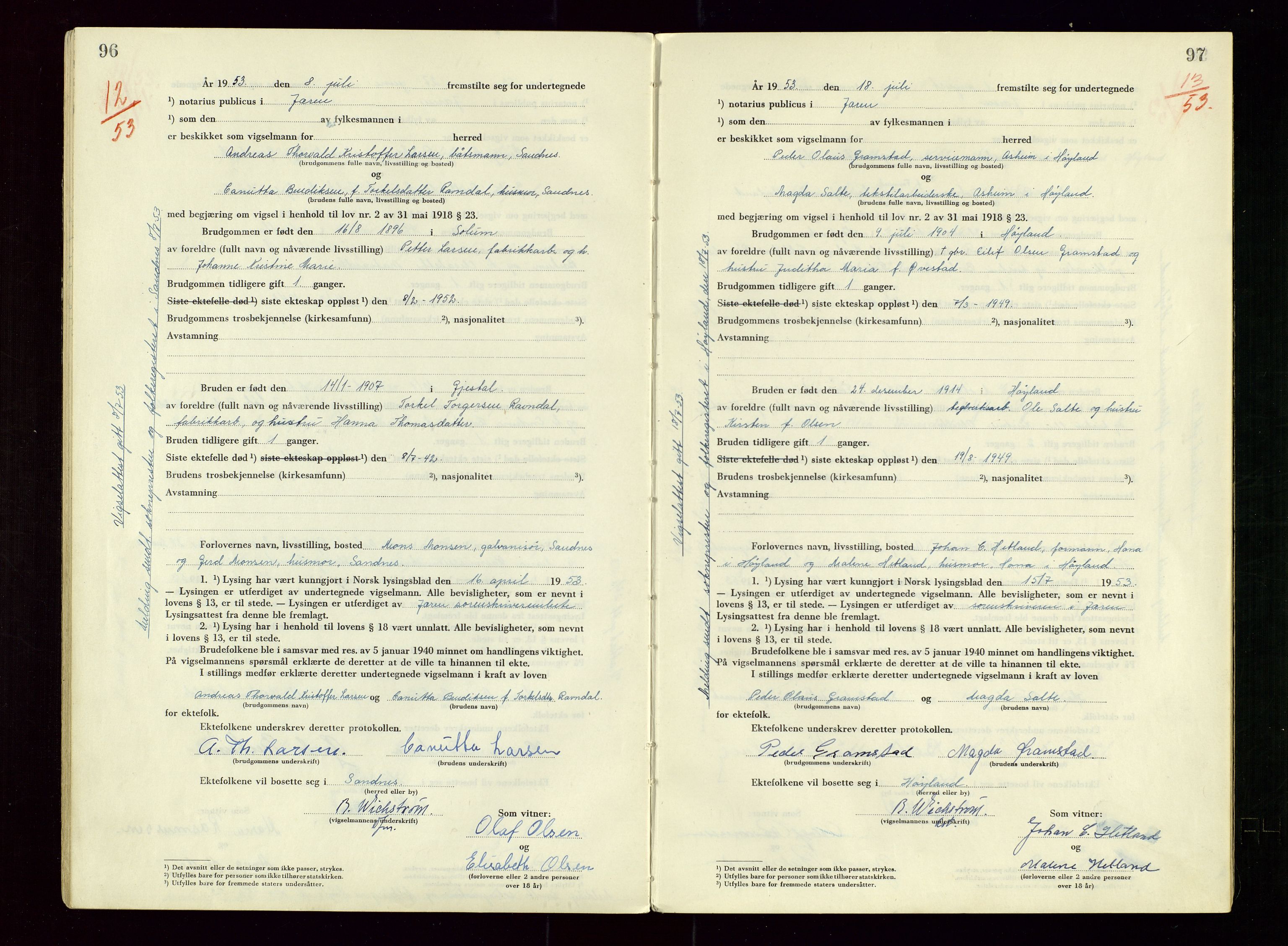 Sandnes sorenskriveri, SAST/A-100312/02/I/Id/L0002: Vigsel (Vigselsbok), 1950-1958, s. 96-97