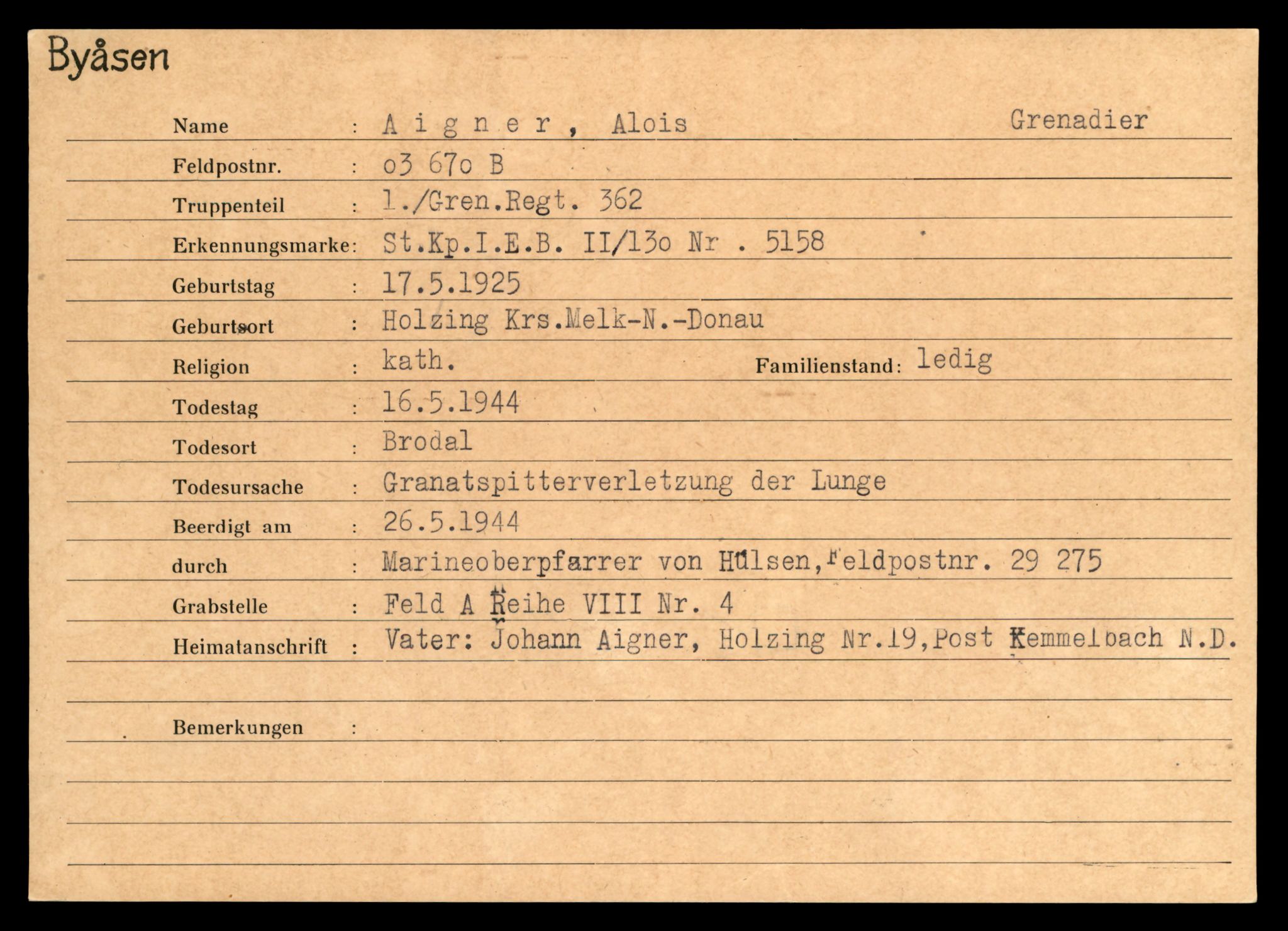 Distriktskontoret for krigsgraver, AV/SAT-A-5030/E/L0004: Kasett/kartotek over tysk Krigskirkegård på Byåsen, 1945, s. 5