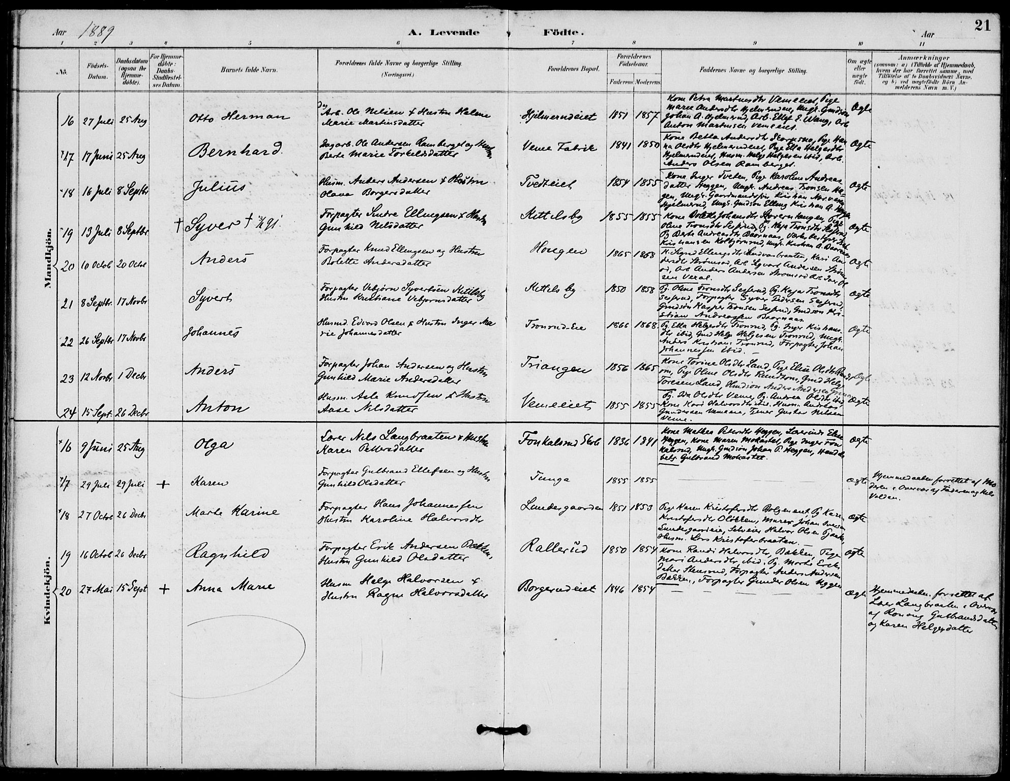 Lunder kirkebøker, AV/SAKO-A-629/F/Fa/L0001: Ministerialbok nr. I 1, 1885-1912, s. 21