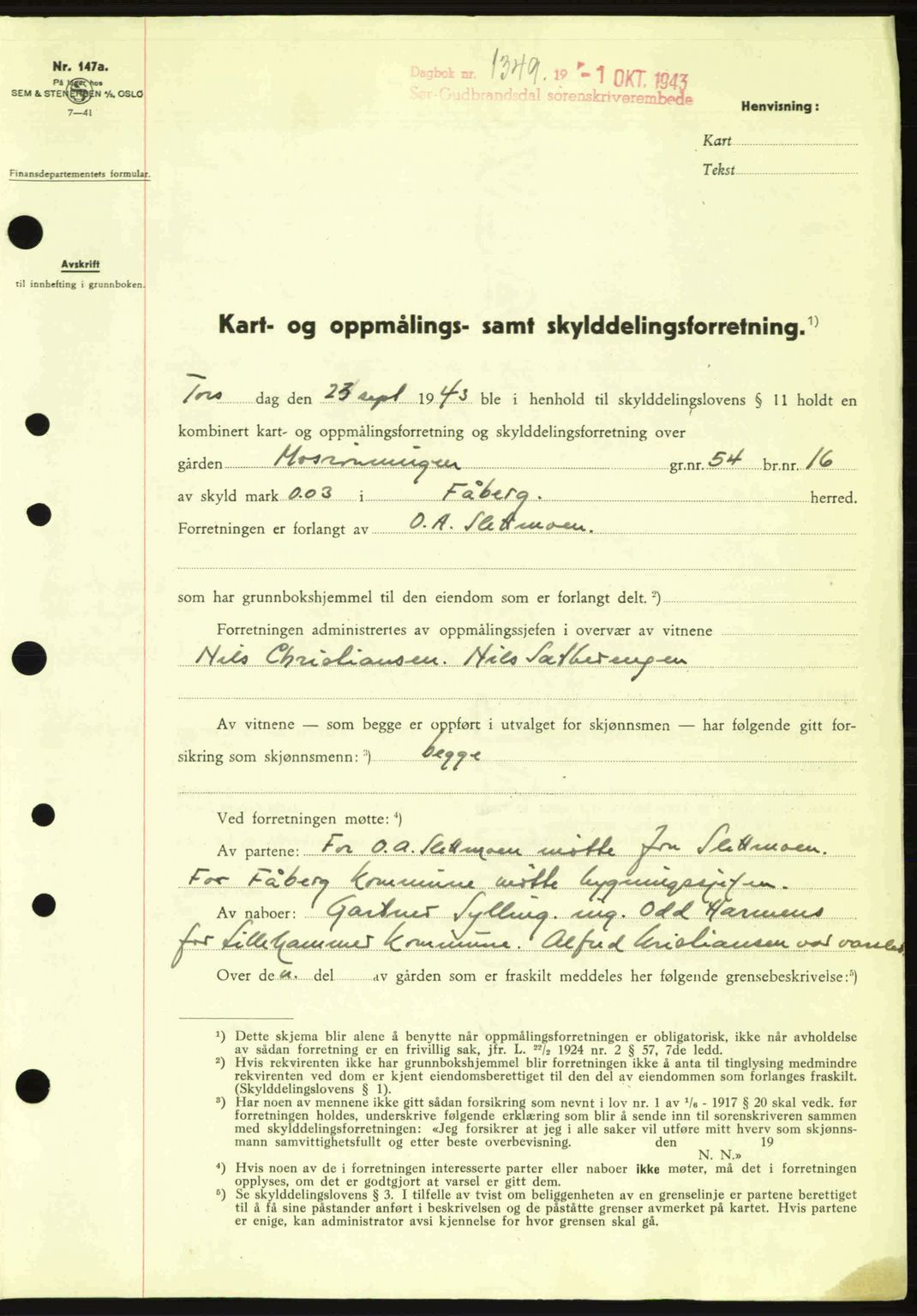 Sør-Gudbrandsdal tingrett, SAH/TING-004/H/Hb/Hbd/L0012: Pantebok nr. A12, 1943-1944, Dagboknr: 1349/1943