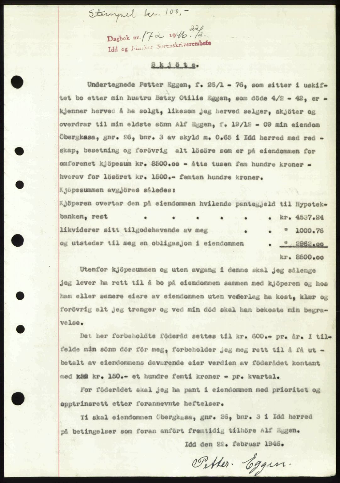 Idd og Marker sorenskriveri, SAO/A-10283/G/Gb/Gbb/L0008: Pantebok nr. A8, 1946-1946, Dagboknr: 172/1946