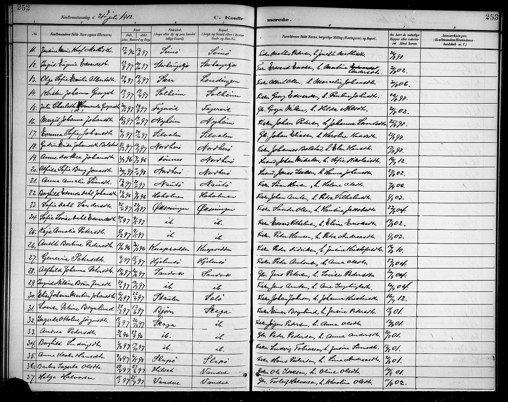 Ministerialprotokoller, klokkerbøker og fødselsregistre - Nordland, AV/SAT-A-1459/834/L0516: Klokkerbok nr. 834C06, 1902-1918, s. 252-253