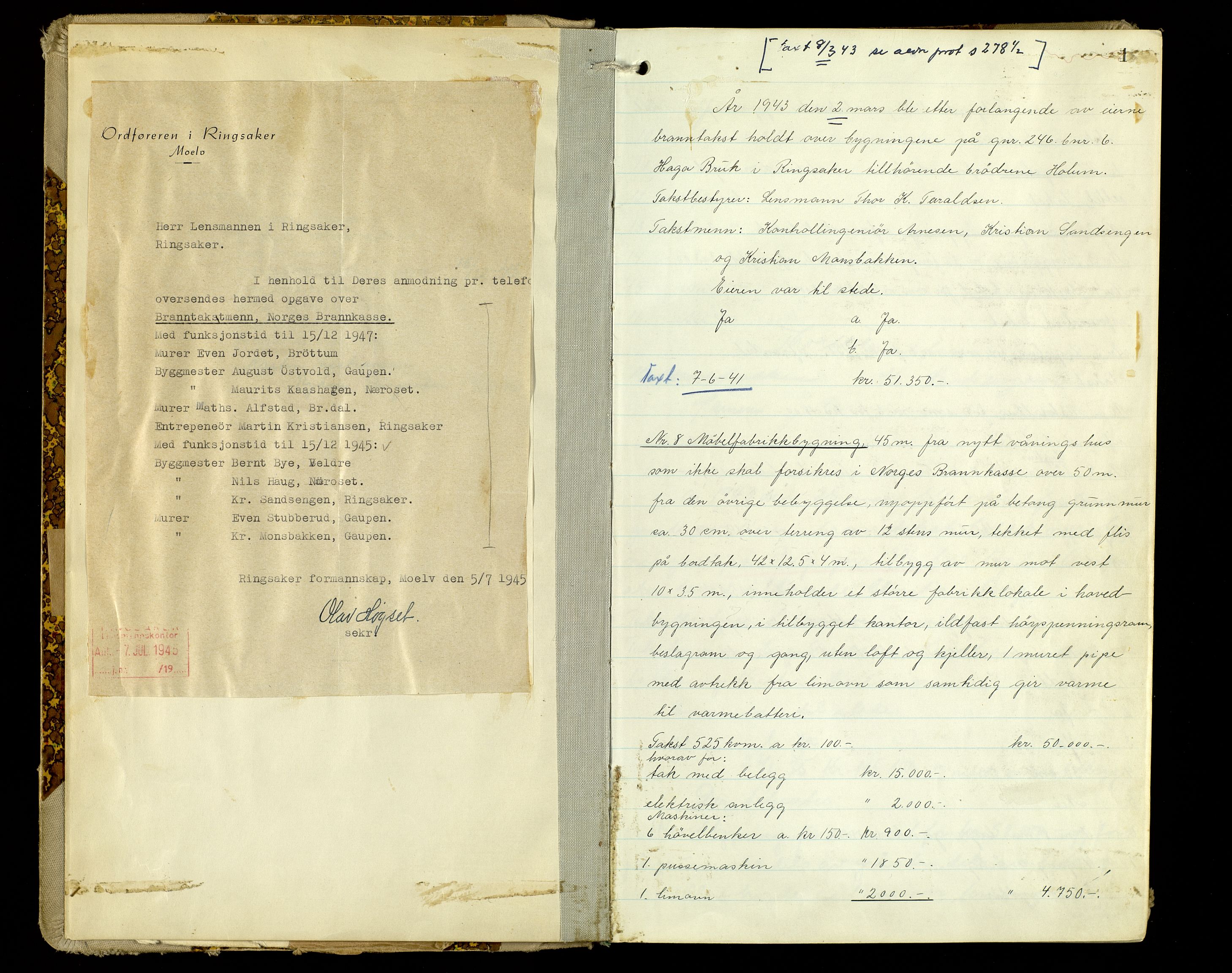 Norges Brannkasse, Ringsaker, AV/SAH-NBRANR-003/F/L0006: Branntakstprotokoll, 1943-1953, s. 1