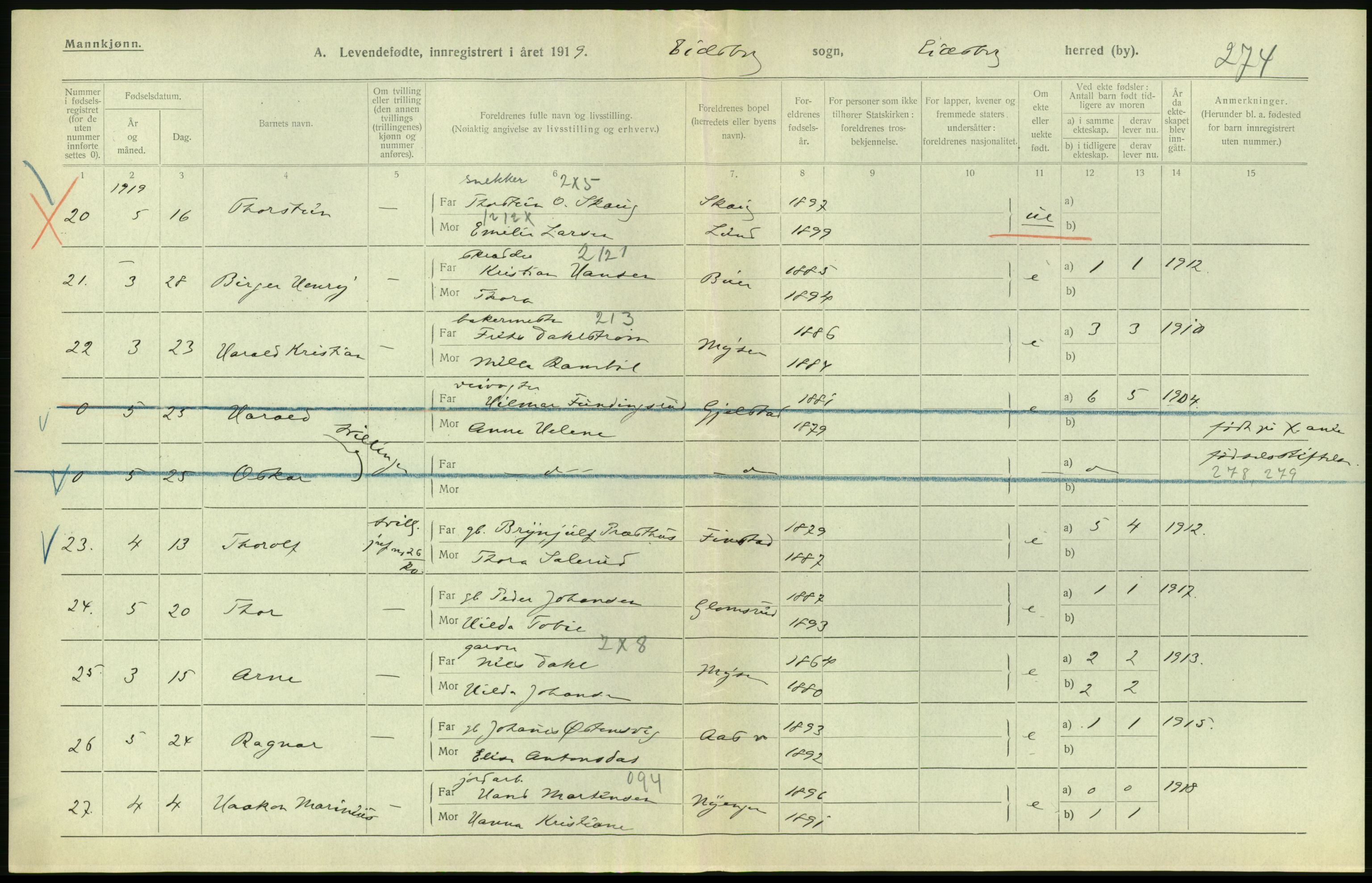 Statistisk sentralbyrå, Sosiodemografiske emner, Befolkning, RA/S-2228/D/Df/Dfb/Dfbi/L0001: Østfold fylke: Levendefødte menn og kvinner. Bygder., 1919, s. 552