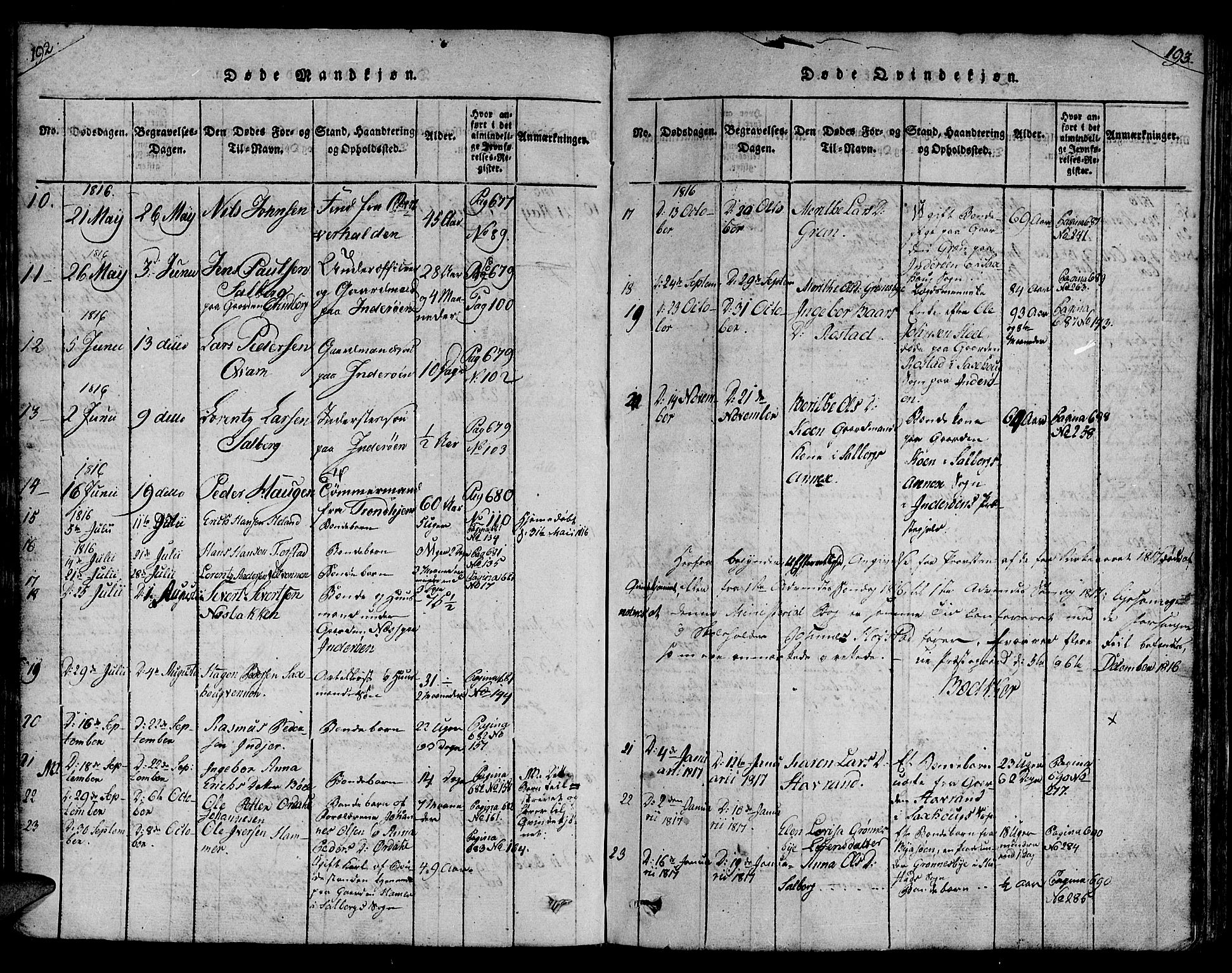Ministerialprotokoller, klokkerbøker og fødselsregistre - Nord-Trøndelag, SAT/A-1458/730/L0275: Ministerialbok nr. 730A04, 1816-1822, s. 192-193