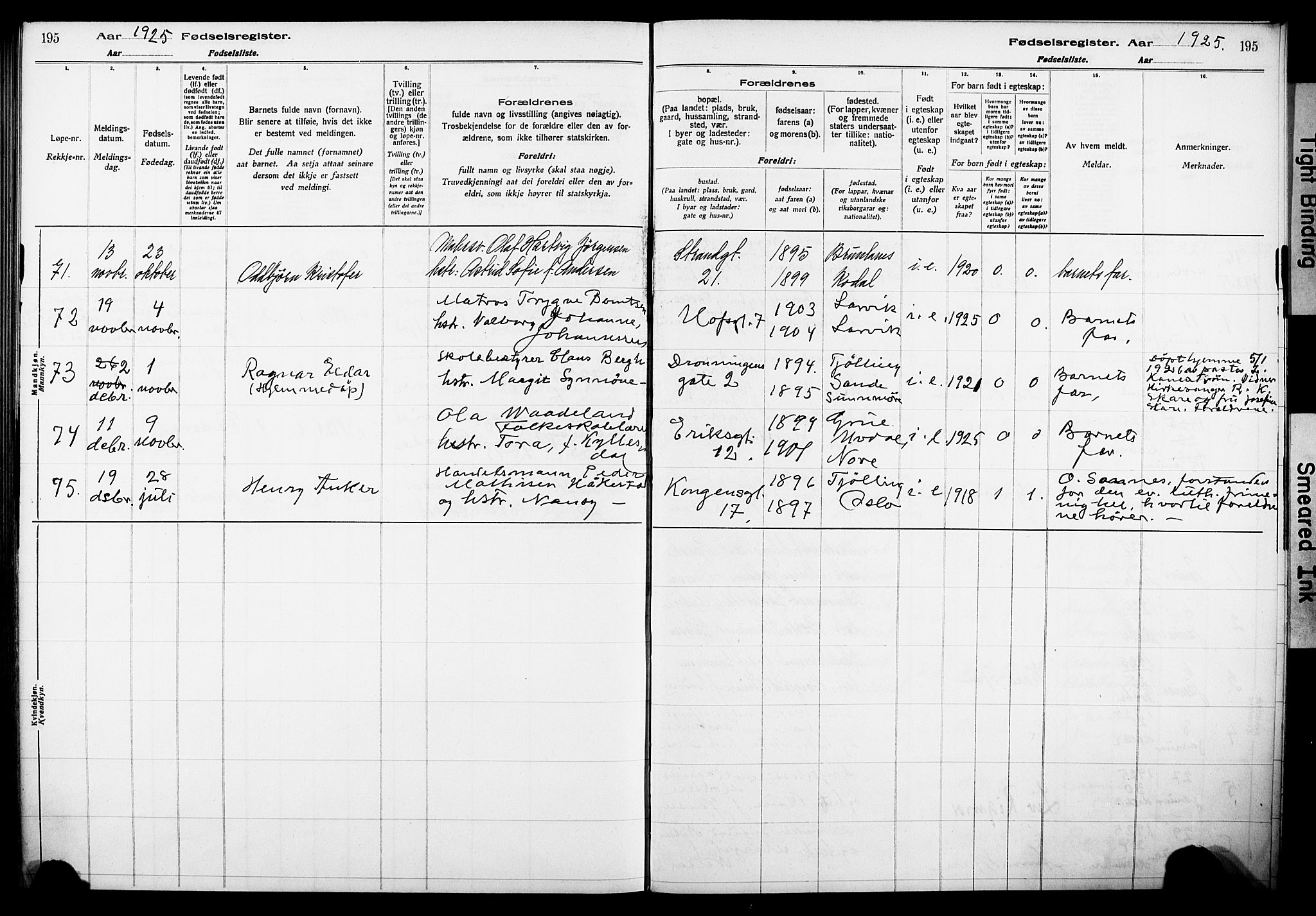 Larvik kirkebøker, AV/SAKO-A-352/J/Ja/L0001: Fødselsregister nr. I 1, 1916-1926, s. 195