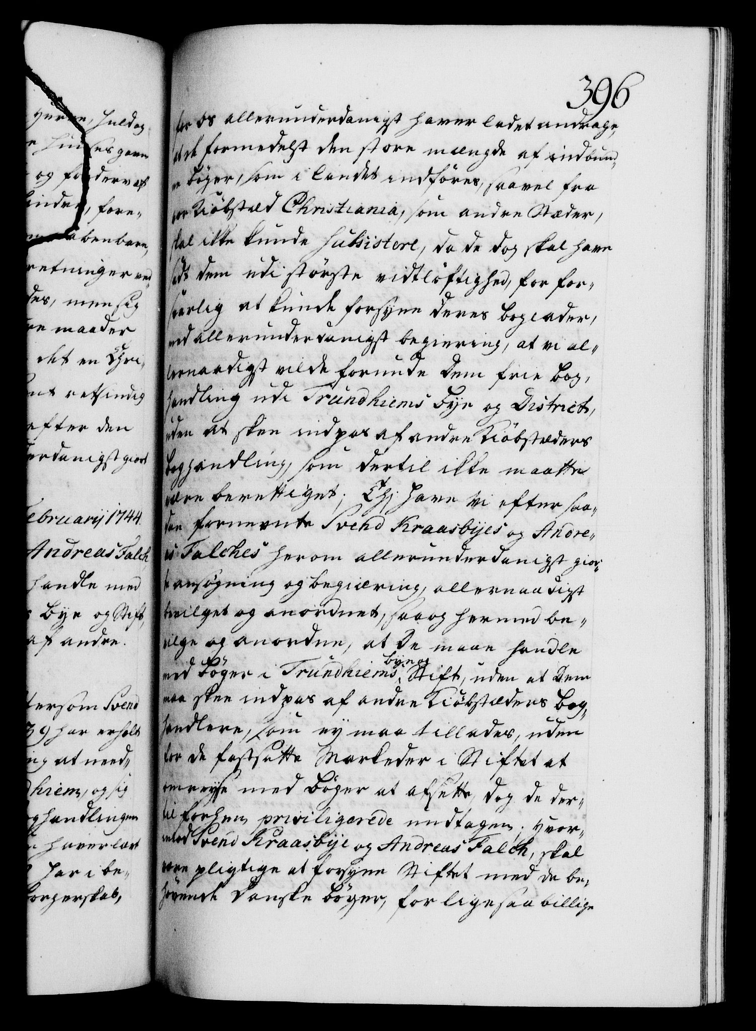 Danske Kanselli 1572-1799, AV/RA-EA-3023/F/Fc/Fca/Fcaa/L0033: Norske registre, 1743-1744, s. 396a