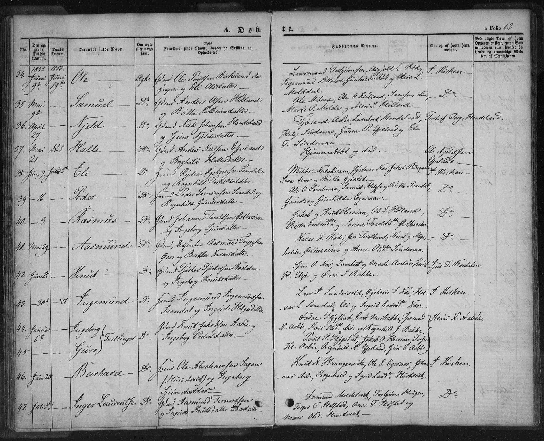 Sand sokneprestkontor, AV/SAST-A-101848/01/III/L0002: Ministerialbok nr. A 2, 1838-1859, s. 62