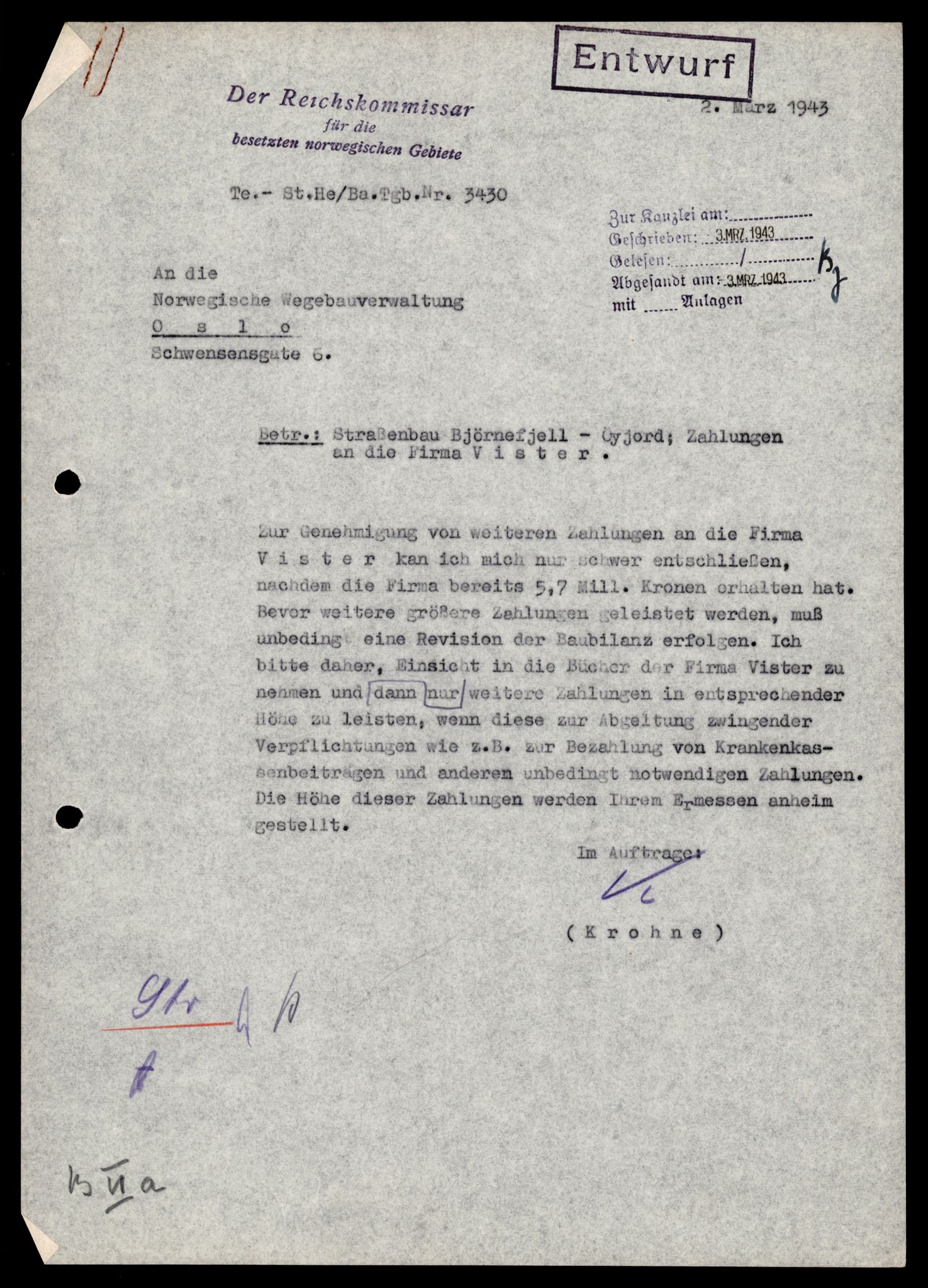 Forsvarets Overkommando. 2 kontor. Arkiv 11.4. Spredte tyske arkivsaker, AV/RA-RAFA-7031/D/Dar/Darb/L0001: Reichskommissariat - Hauptabteilung Technik und Verkehr, 1940-1944, s. 586