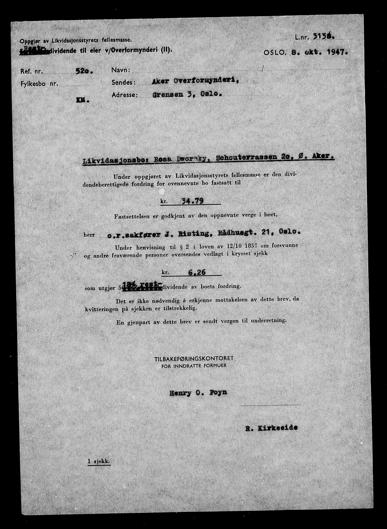 Justisdepartementet, Tilbakeføringskontoret for inndratte formuer, AV/RA-S-1564/H/Hc/Hcc/L0932: --, 1945-1947, s. 6