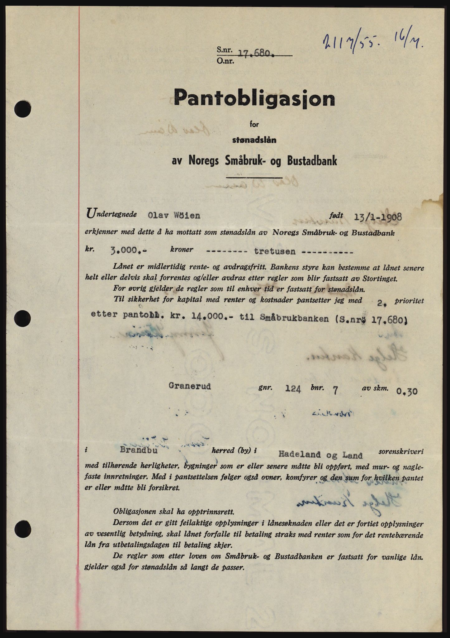 Hadeland og Land tingrett, SAH/TING-010/H/Hb/Hbc/L0032: Pantebok nr. B32, 1955-1955, Dagboknr: 2117/1955