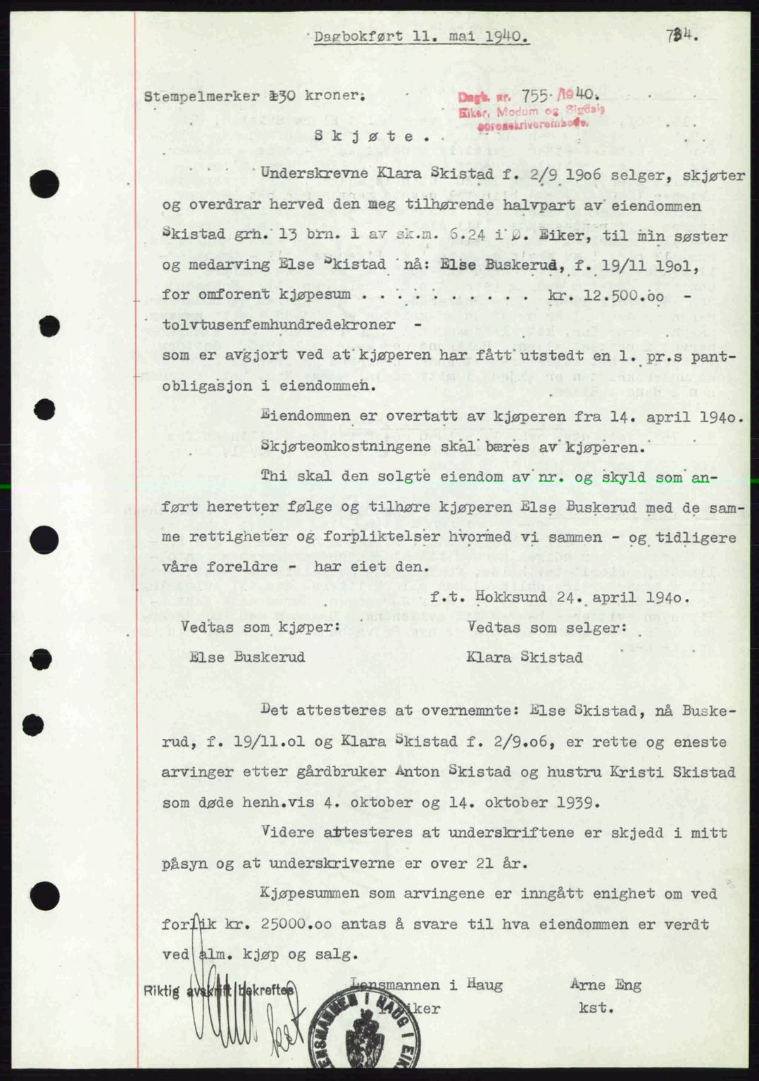 Eiker, Modum og Sigdal sorenskriveri, SAKO/A-123/G/Ga/Gab/L0041: Pantebok nr. A11, 1939-1940, Dagboknr: 755/1940