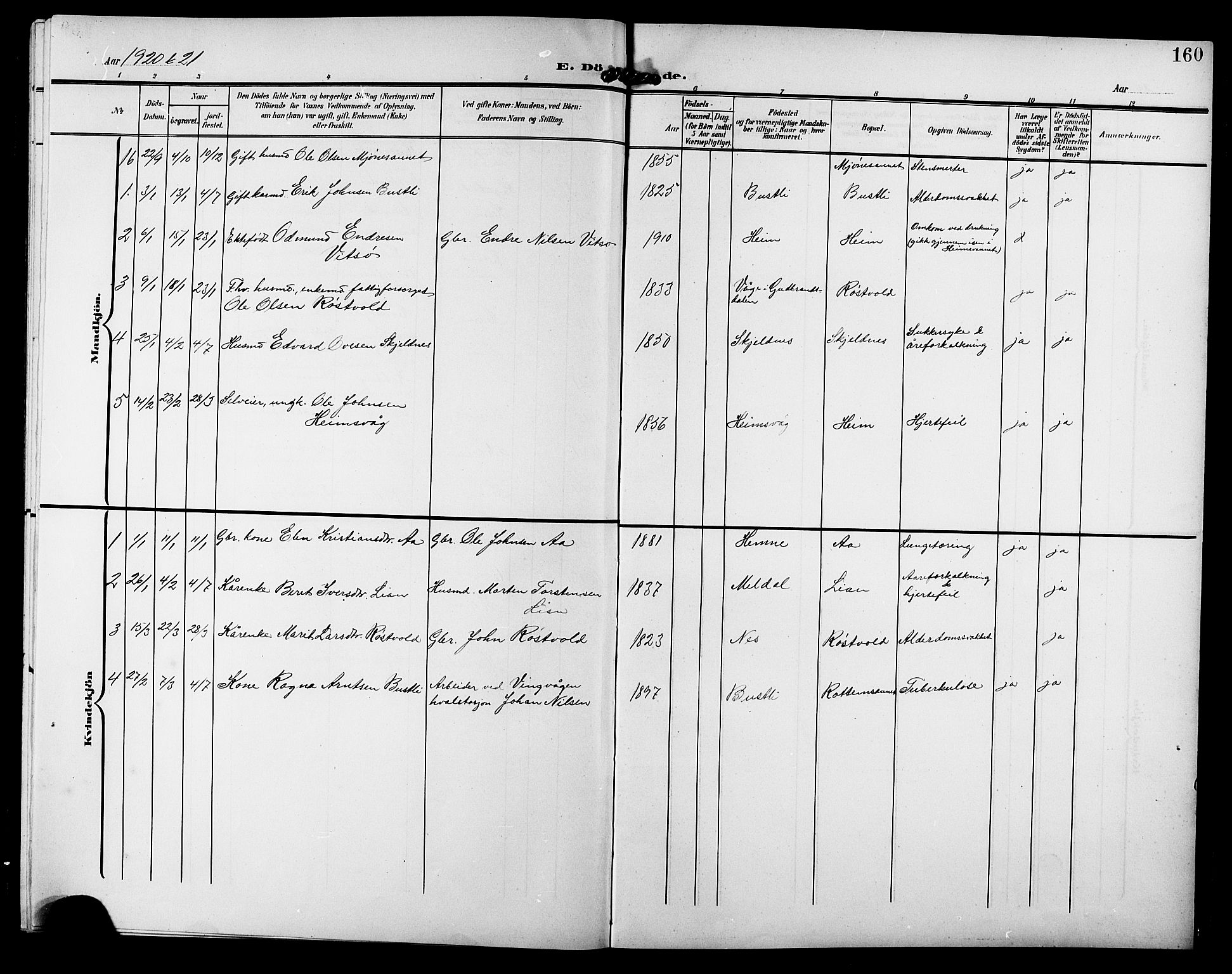 Ministerialprotokoller, klokkerbøker og fødselsregistre - Sør-Trøndelag, AV/SAT-A-1456/633/L0520: Klokkerbok nr. 633C02, 1906-1921, s. 160