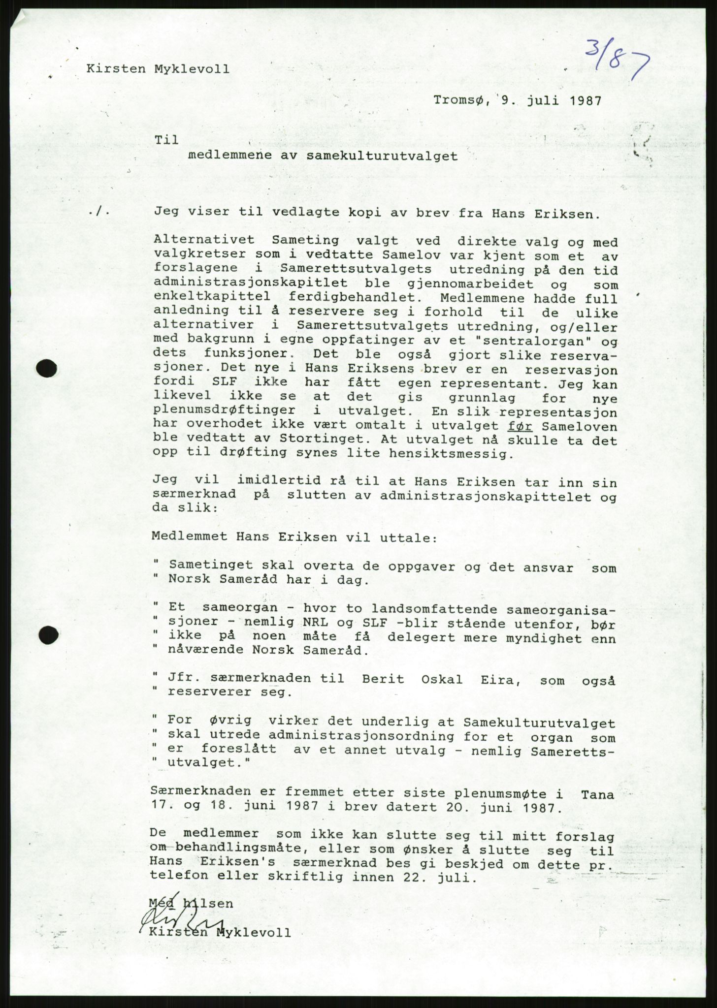 Kirke- og undervisningsdepartementet, Samekulturutvalget, AV/RA-S-2905/D/L0002: Utgående brev. Register til disse, 1981-1987, s. 5