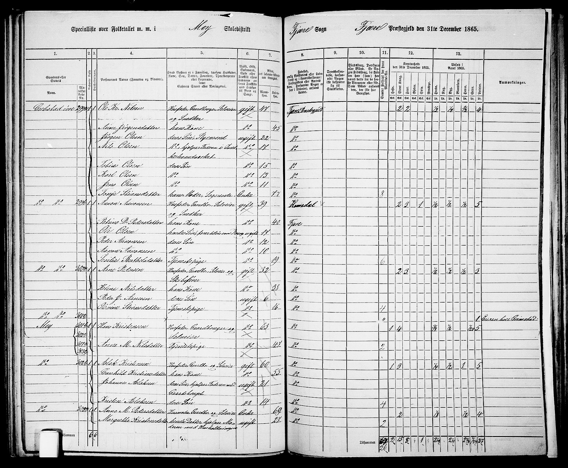 RA, Folketelling 1865 for 0923L Fjære prestegjeld, Fjære sokn, 1865, s. 115