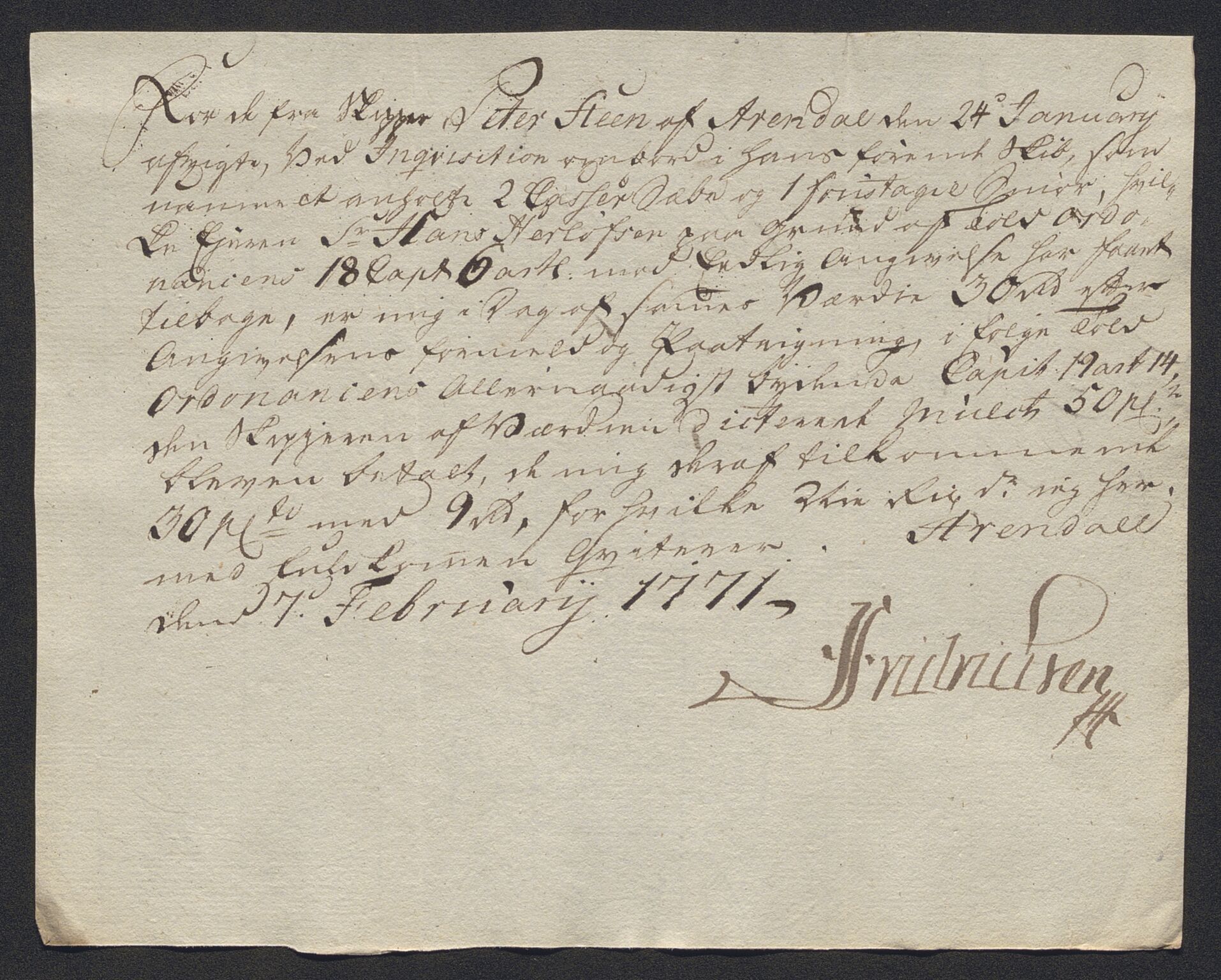 Generaltollkammeret, tollregnskaper, AV/RA-EA-5490/R15/L0070/0003: Tollregnskaper Arendal / Designasjon over inngående tollregnskap, 1771, s. 7