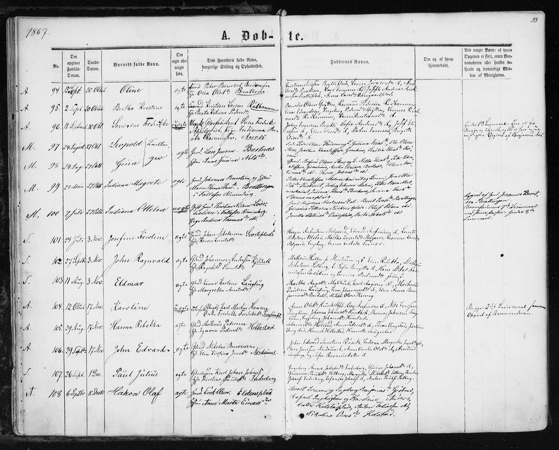 Ministerialprotokoller, klokkerbøker og fødselsregistre - Nord-Trøndelag, SAT/A-1458/741/L0394: Ministerialbok nr. 741A08, 1864-1877, s. 33