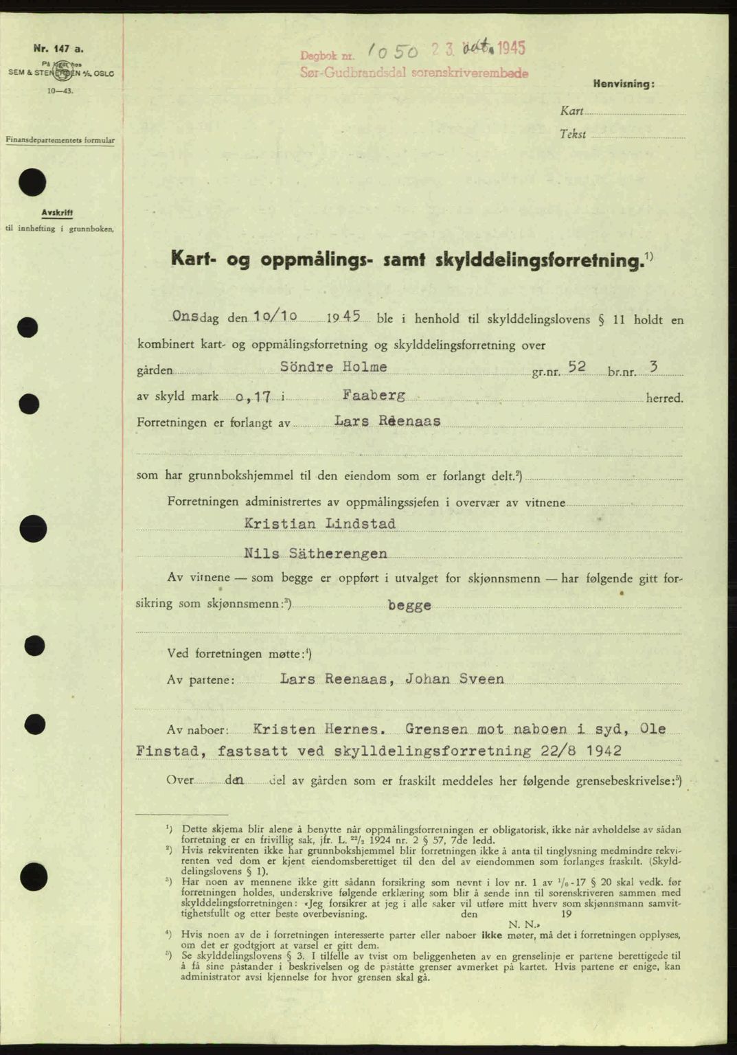 Sør-Gudbrandsdal tingrett, SAH/TING-004/H/Hb/Hbd/L0014: Pantebok nr. A14, 1944-1945, Dagboknr: 1050/1945