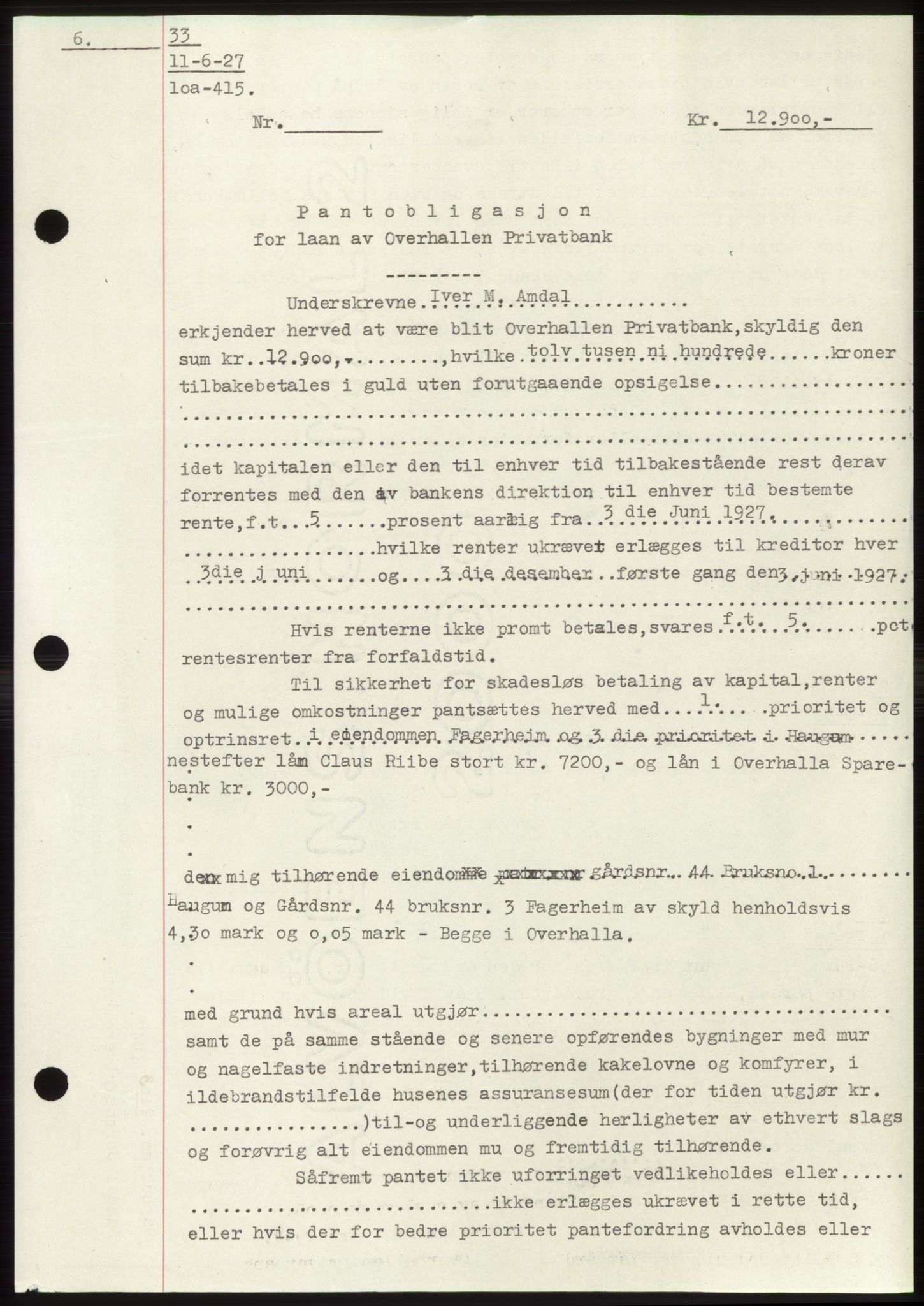 Namdal sorenskriveri, SAT/A-4133/1/2/2C: Pantebok nr. -, 1926-1930, Tingl.dato: 11.06.1927