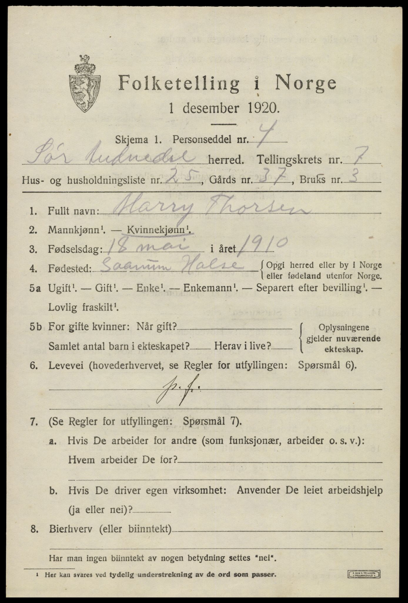 SAK, Folketelling 1920 for 1029 Sør-Audnedal herred, 1920, s. 3175