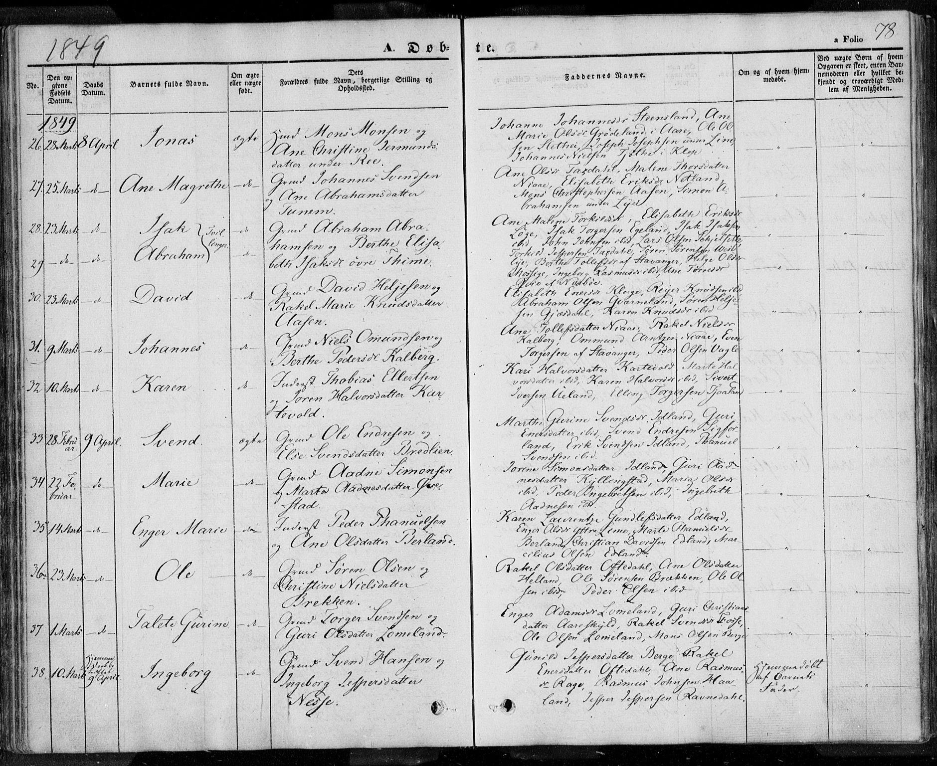 Lye sokneprestkontor, AV/SAST-A-101794/001/30BA/L0005: Ministerialbok nr. A 5.1, 1842-1855, s. 78