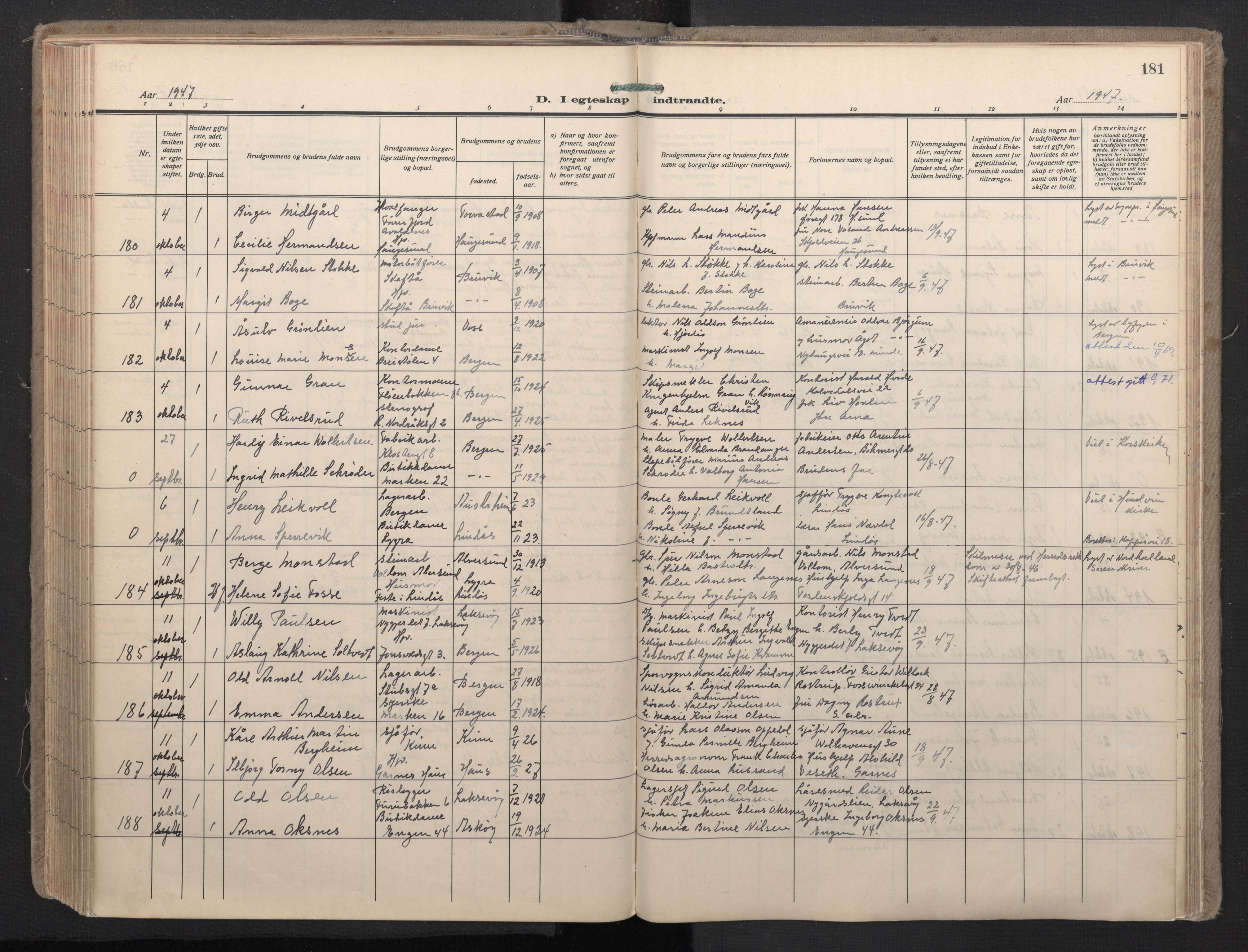 Domkirken sokneprestembete, SAB/A-74801/H/Haa: Ministerialbok nr. D 7, 1937-1950, s. 180b-181a